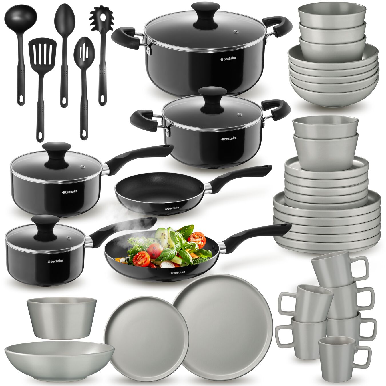 Set de cuisine pour 6 personnes avec vaisselle et casseroles - gris/noir, 45 pièces | tectake