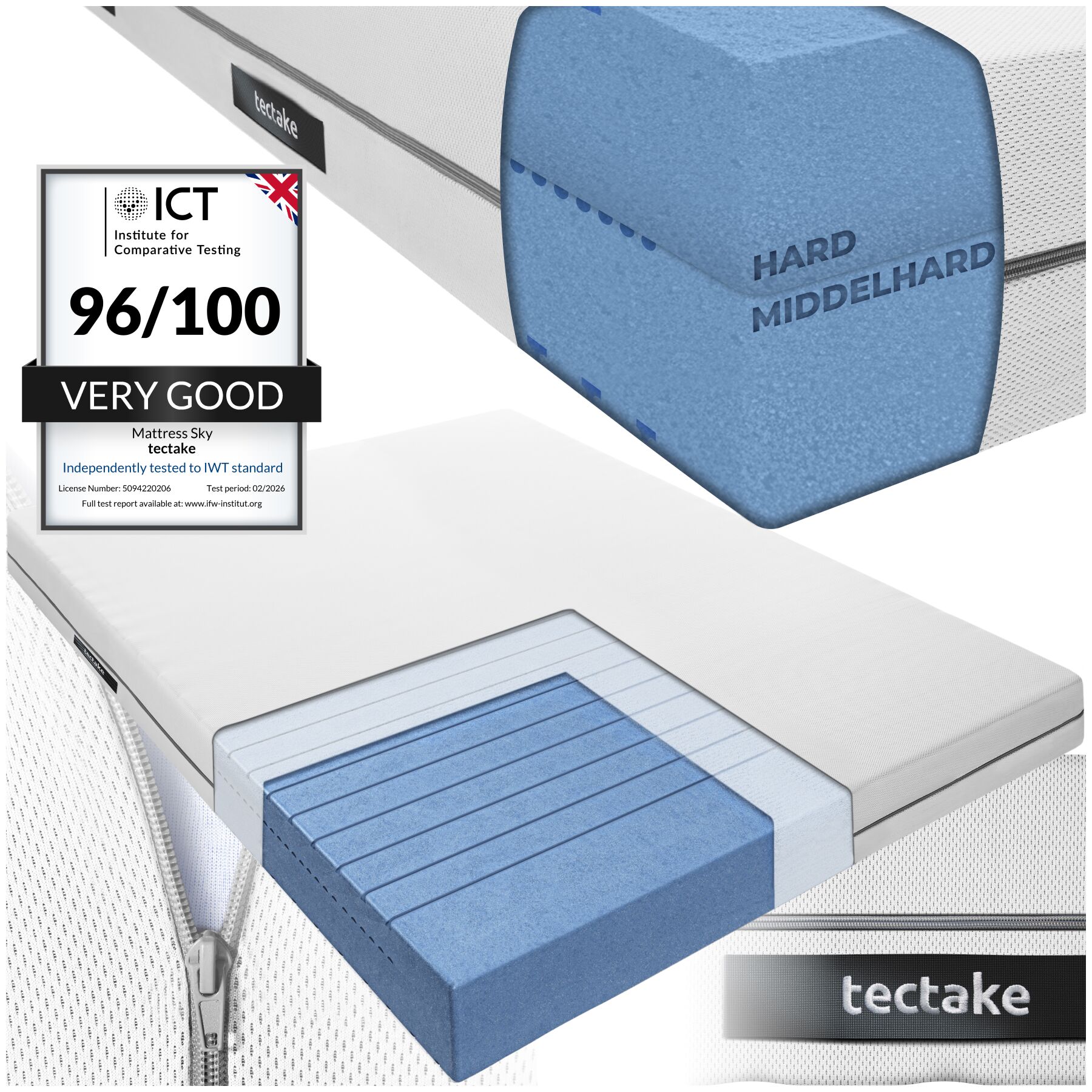 Matras Sky, 2in1 hardheden, 3D-mesh - 140 x 190 cm | tectake