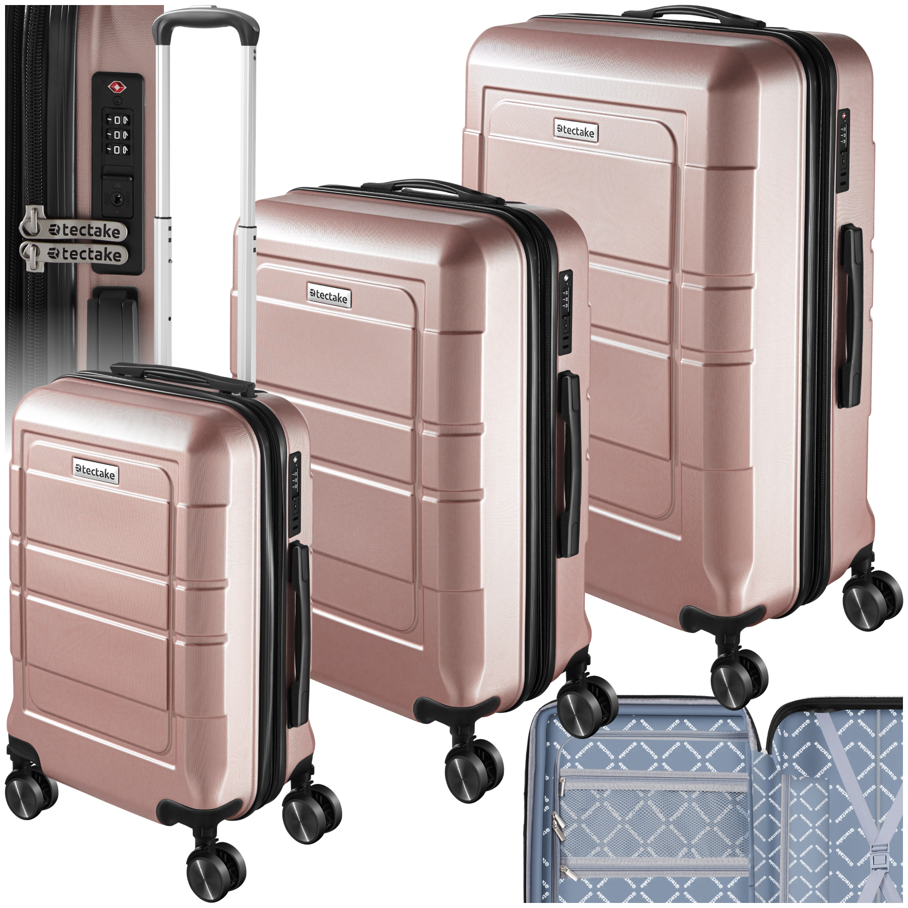 Reisekofferset, 3-teilig aus robustem ABS-Kunststoff mit Polycarbonat-Beschichtung, TSA-Sicherheitszahlenschloss, 360° drehbare abnehmbare Gummirollen