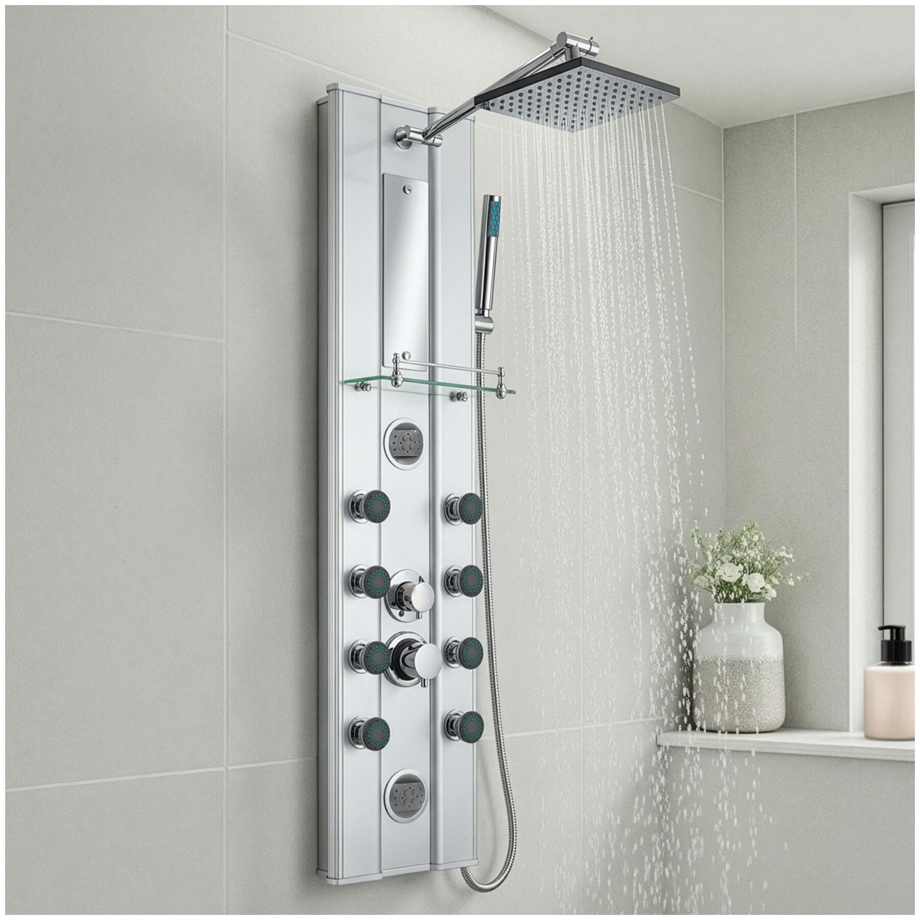 Duschpaneel, aus Aluminium, Regendusche, mit Handbrause - silber | tectake