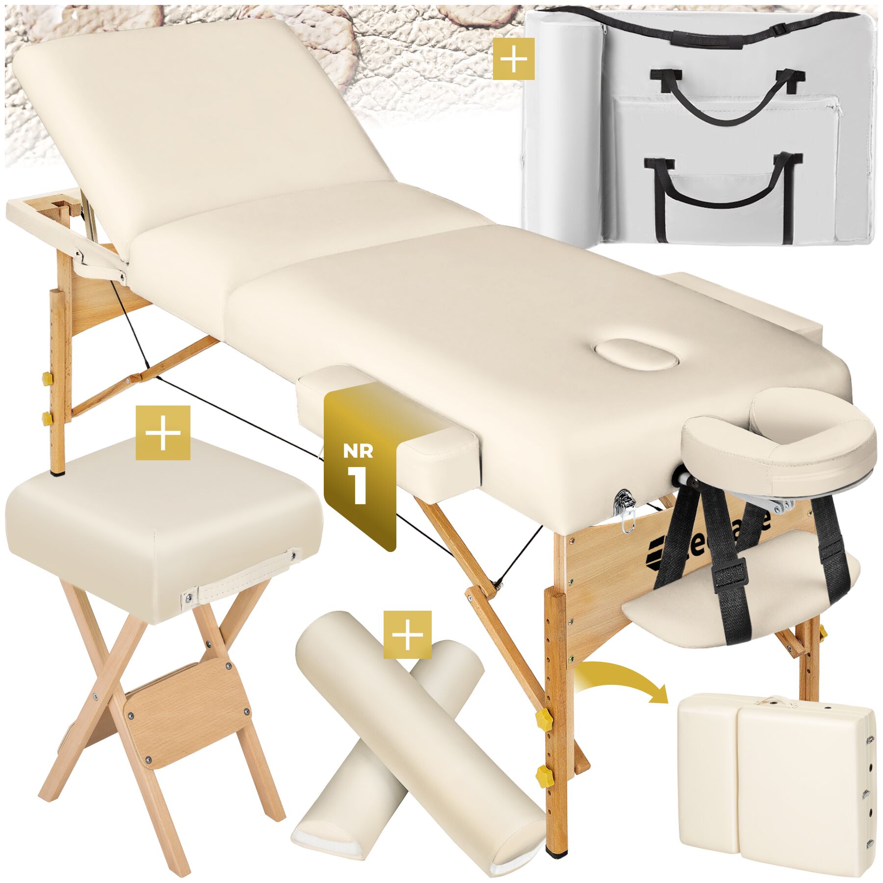 3 Zonen Massageliege-Set mit 10cm Polsterung, Lagerungsrollen und Holzgestell - beige