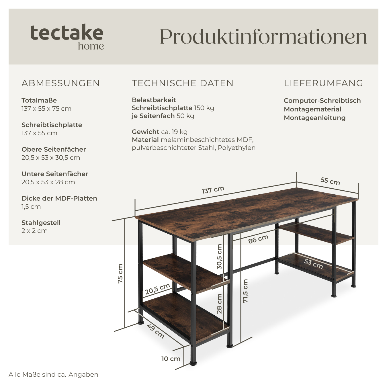 Schreibtisch 4 Regalebenen Bürotisch Arbeitstisch Computertisch Industrie-Design