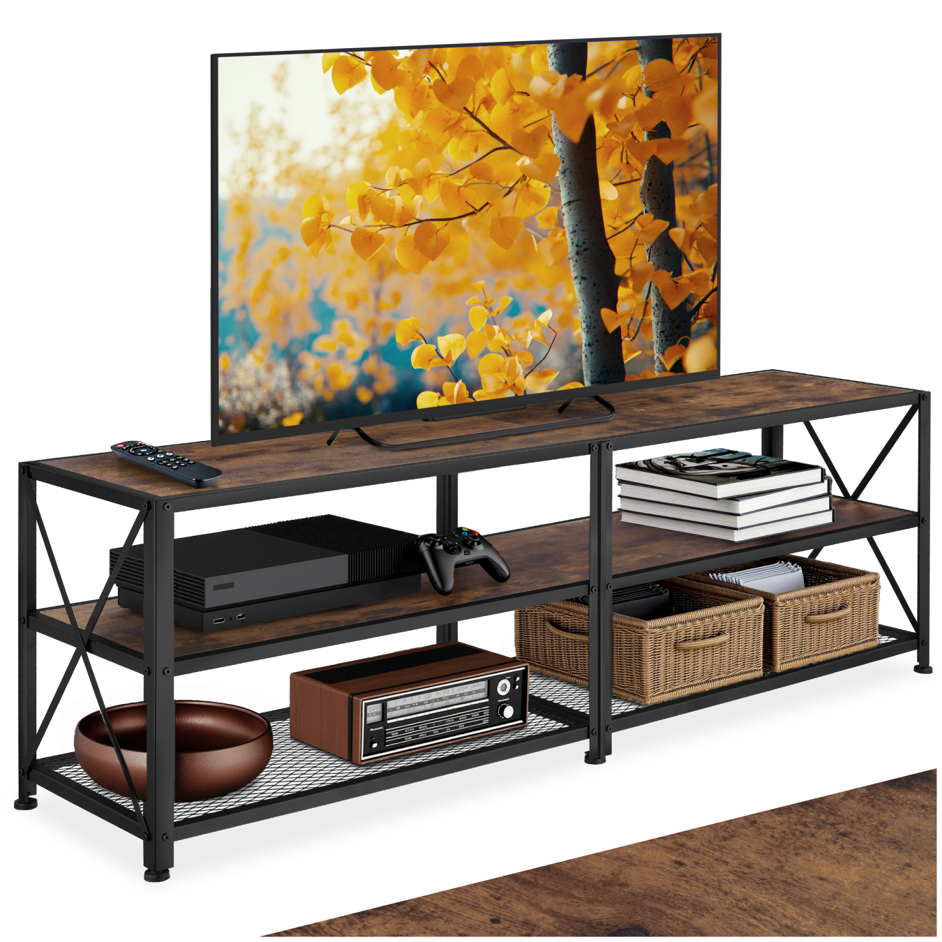 Industrial TV Stand - Lowboard Cabinet 3 Shelves Low Display Console - 161 cm, Industrial wood dark, rustic