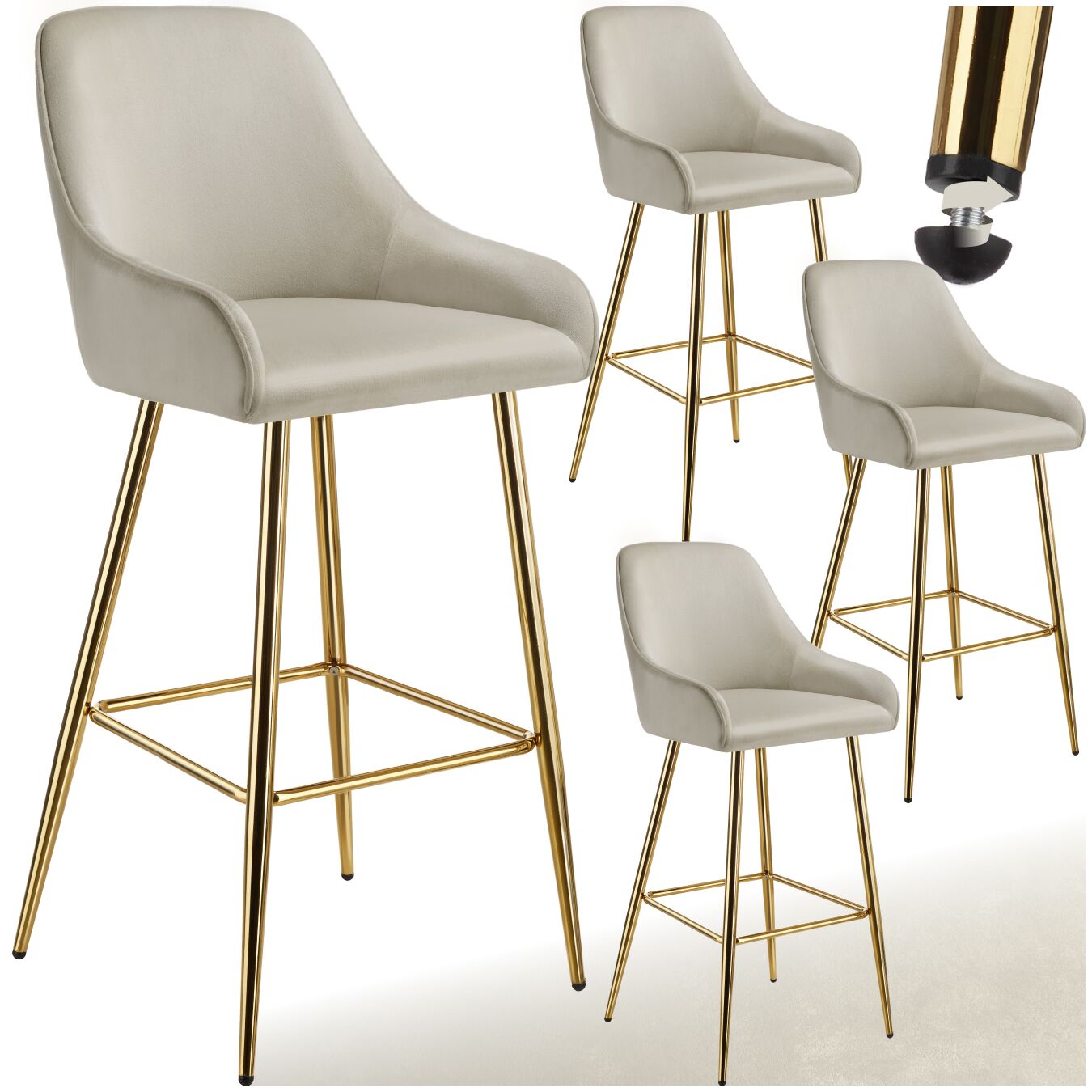 Bar Stool Avane - with backrest, upholstered, velvet look - Set of 4 | tectake