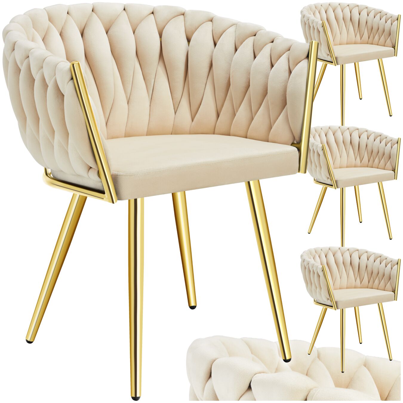 Dining Chair Astano - padded, velvet, knot design, continuous backrest - sand-colored/gold, Set of 4 | tectake