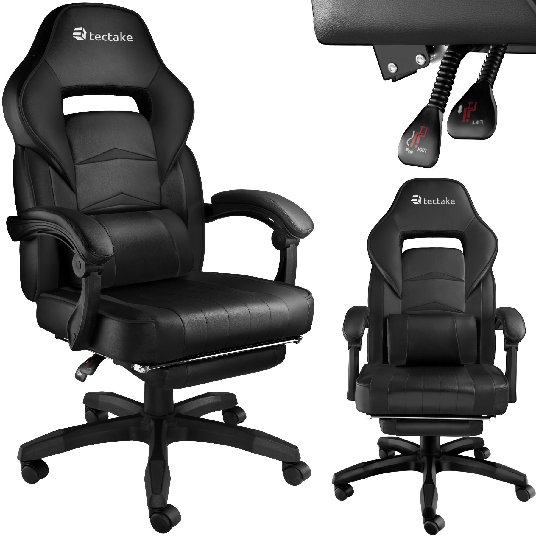 Racing Bürostuhl Comodo mit Fußstütze - schwarz/schwarz von tectake