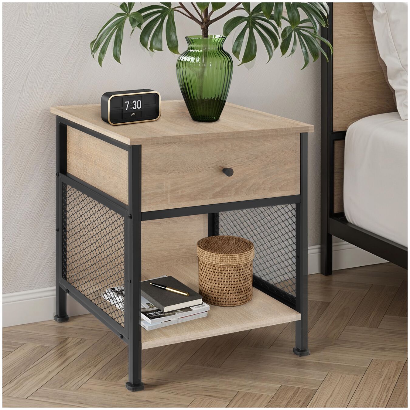 Bedside Table Killarney - with shelf, drawer and open storage - industrial wood light, oak Sonoma
