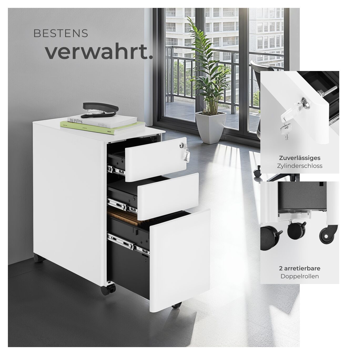 Rollcontainer 2 Schubladen Büroschrank Abschließbar Aktenschrank Hängeregister - Bild 17 von 25