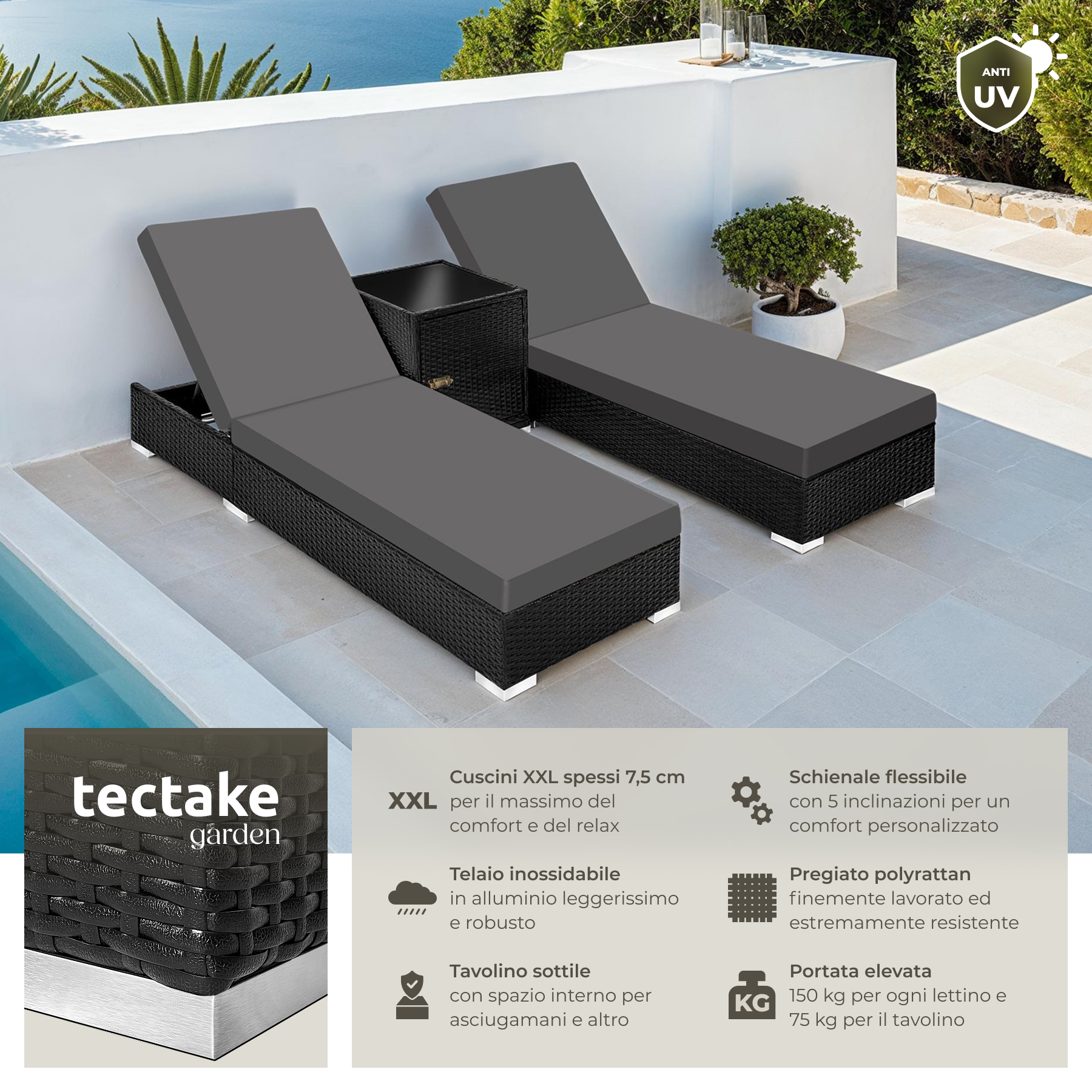 2 x sdraio in polyrattan + tavolo alluminio giardino rattan lettino mobili telo - Foto 15 di 67