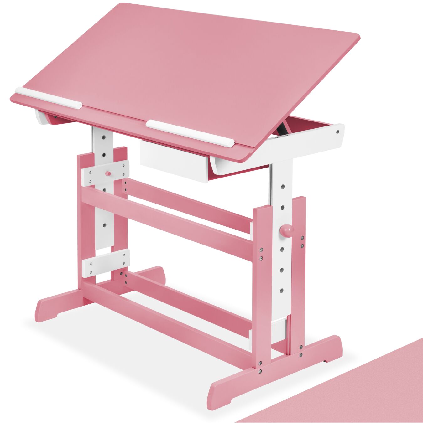 Desk - for children, wooden, tiltable tabletop, 7 height settings, with drawer - pink