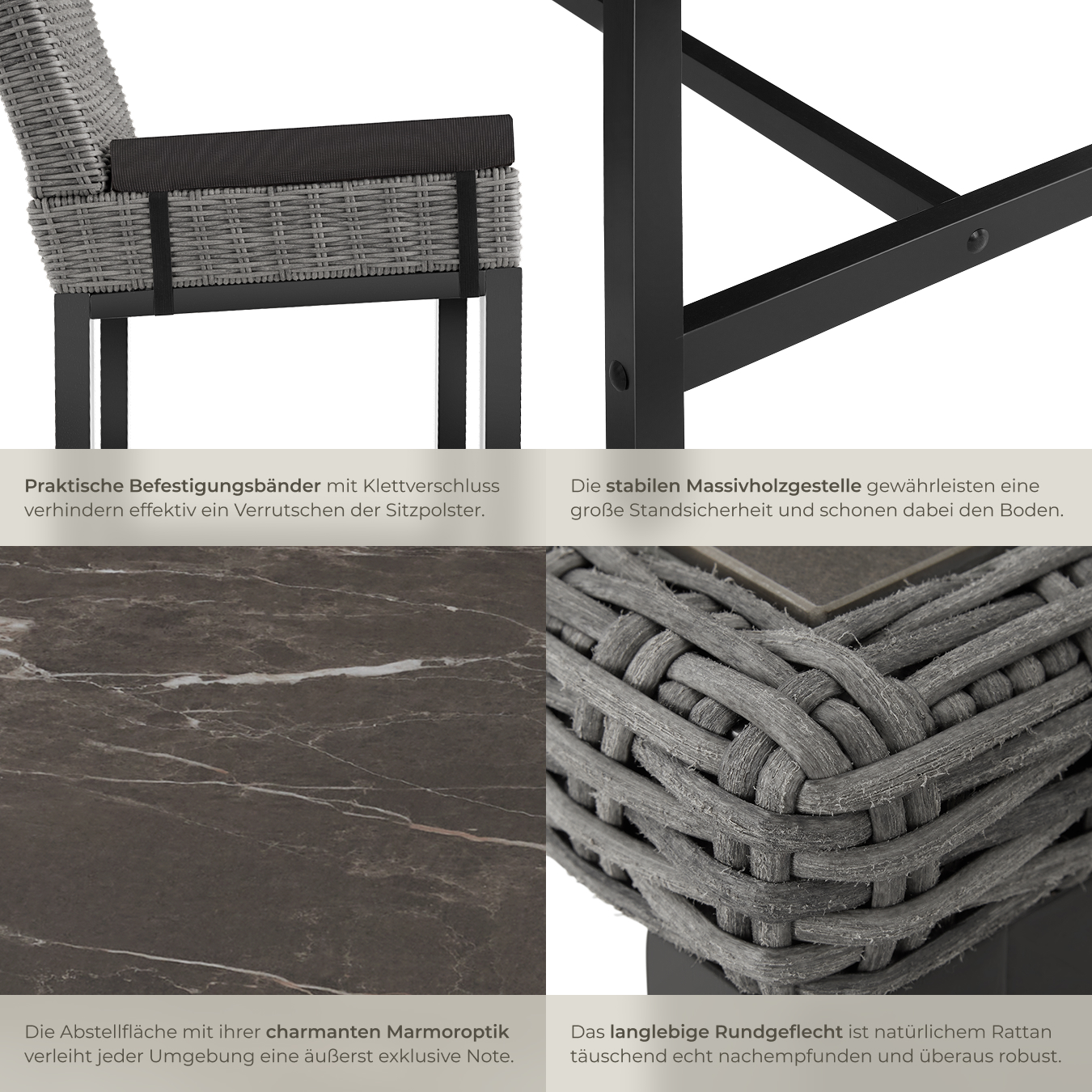 Alu Rattan Bartisch mit 4 Stühlen Barhocker Gartenbar Barset Marmor Optik Holz