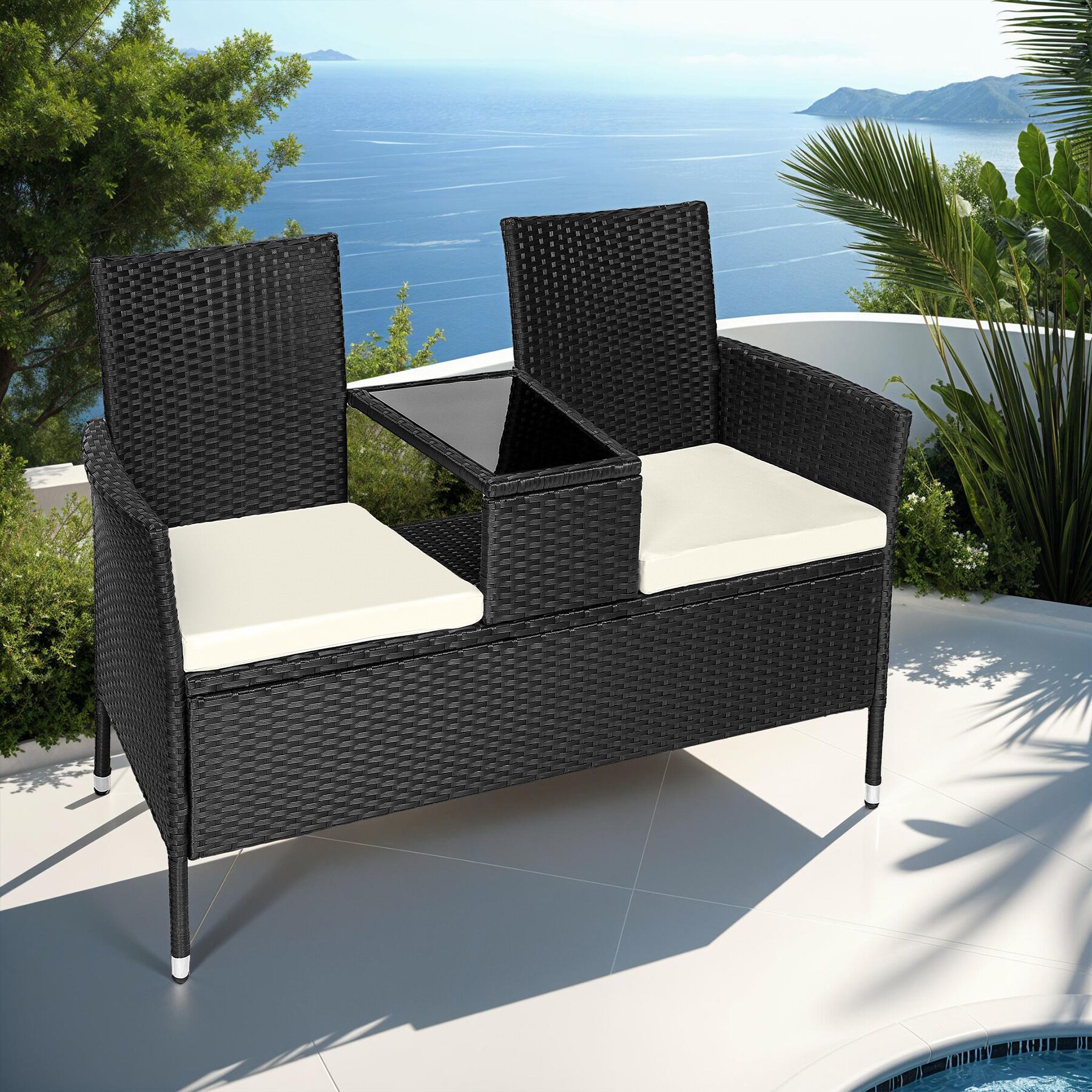Poly Rattan Bench Glass Table Garden Furniture 2 Seats Wicker Patio Balcony New - Picture 41 of 81