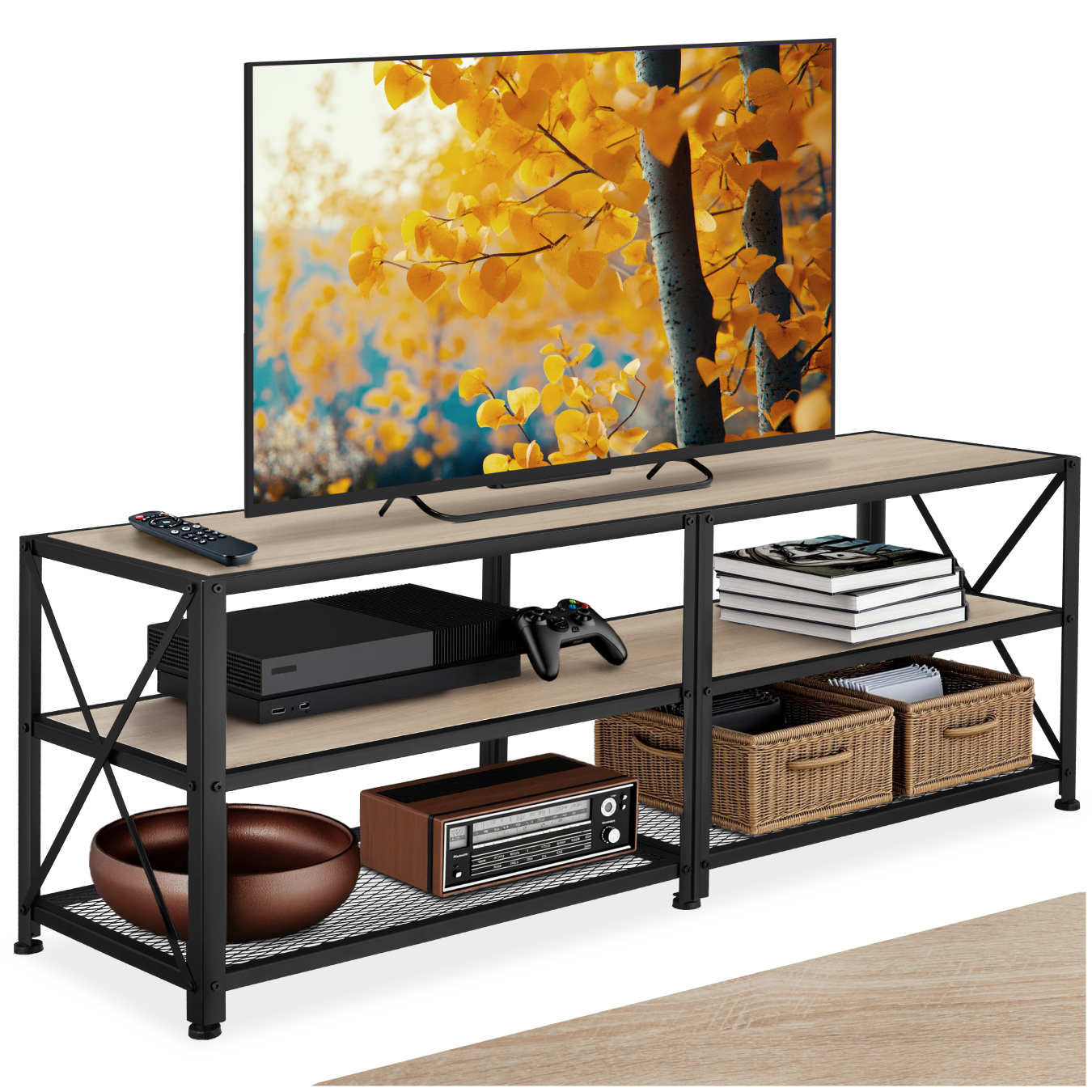 Industrial TV Stand - Lowboard Cabinet 3 Shelves Low Display Console - 141 cm, industrial wood light, oak Sonoma