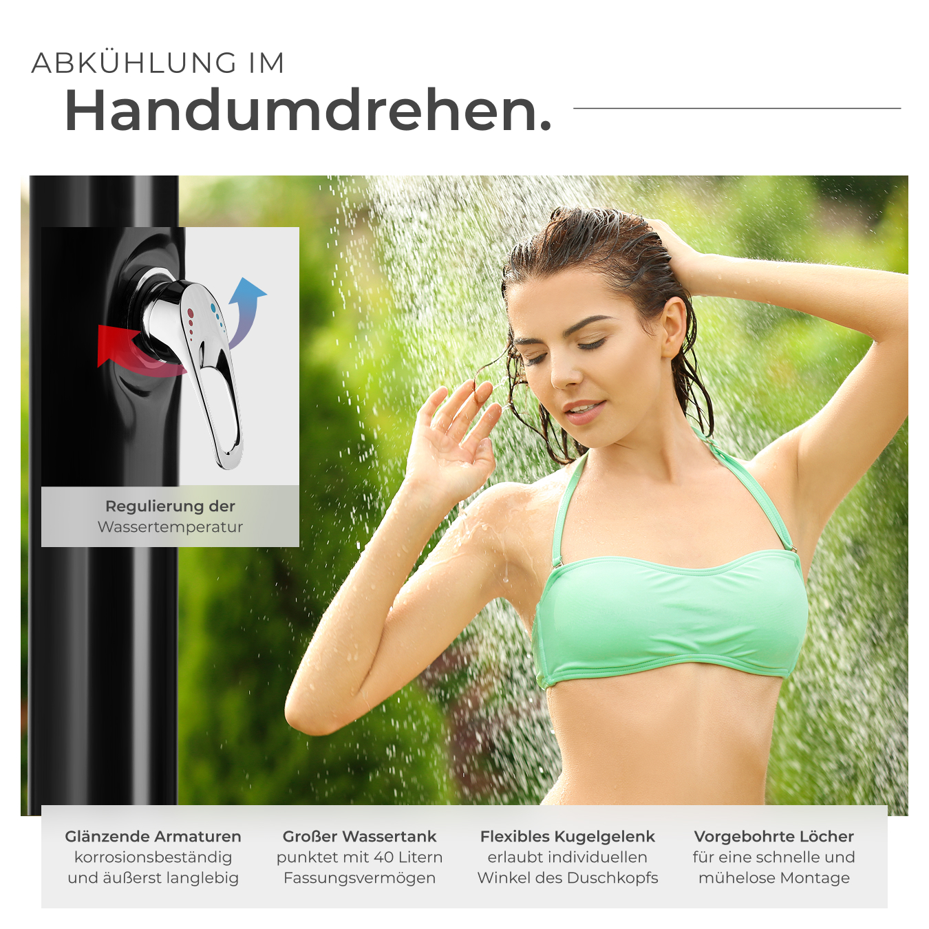 Solardusche Gartendusche Außendusche Campingdusche Outdoor Regenduschkopf 40l
