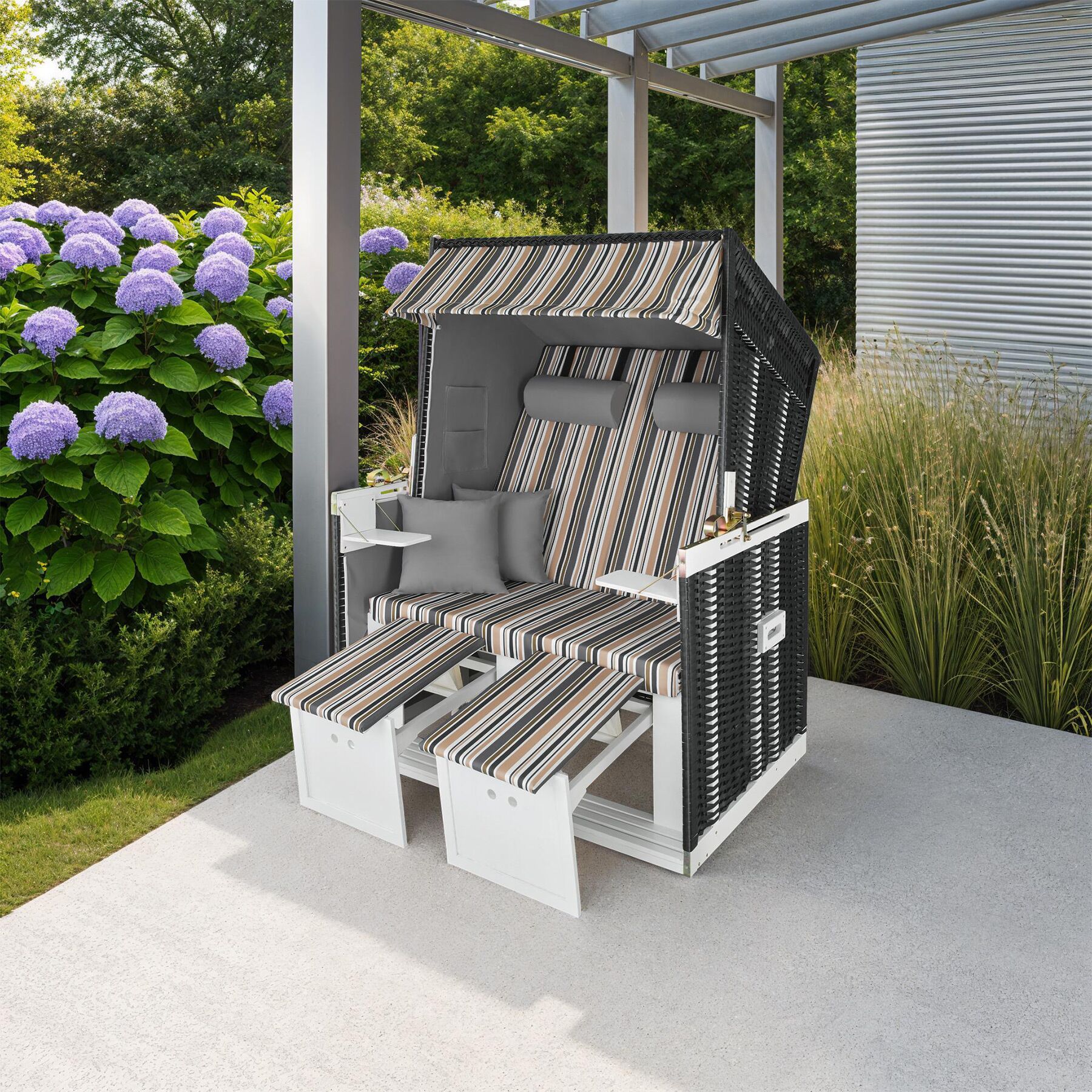 Wicker Chair Outdoor Beach Sunbed with Pillows Roofed Recline Sun Lounger - Picture 36 of 49