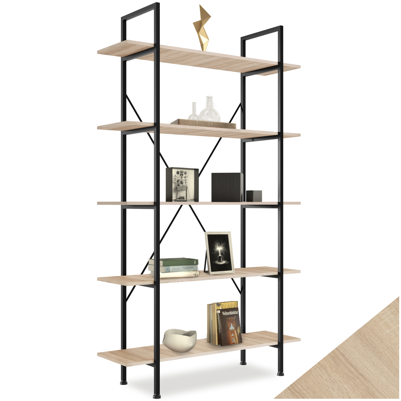 Etagère bibliothèque GLASGOW style industriel 106 x 34,5 x 179,5 cm - Bois clair industriel, Chêne Sonoma | tectake