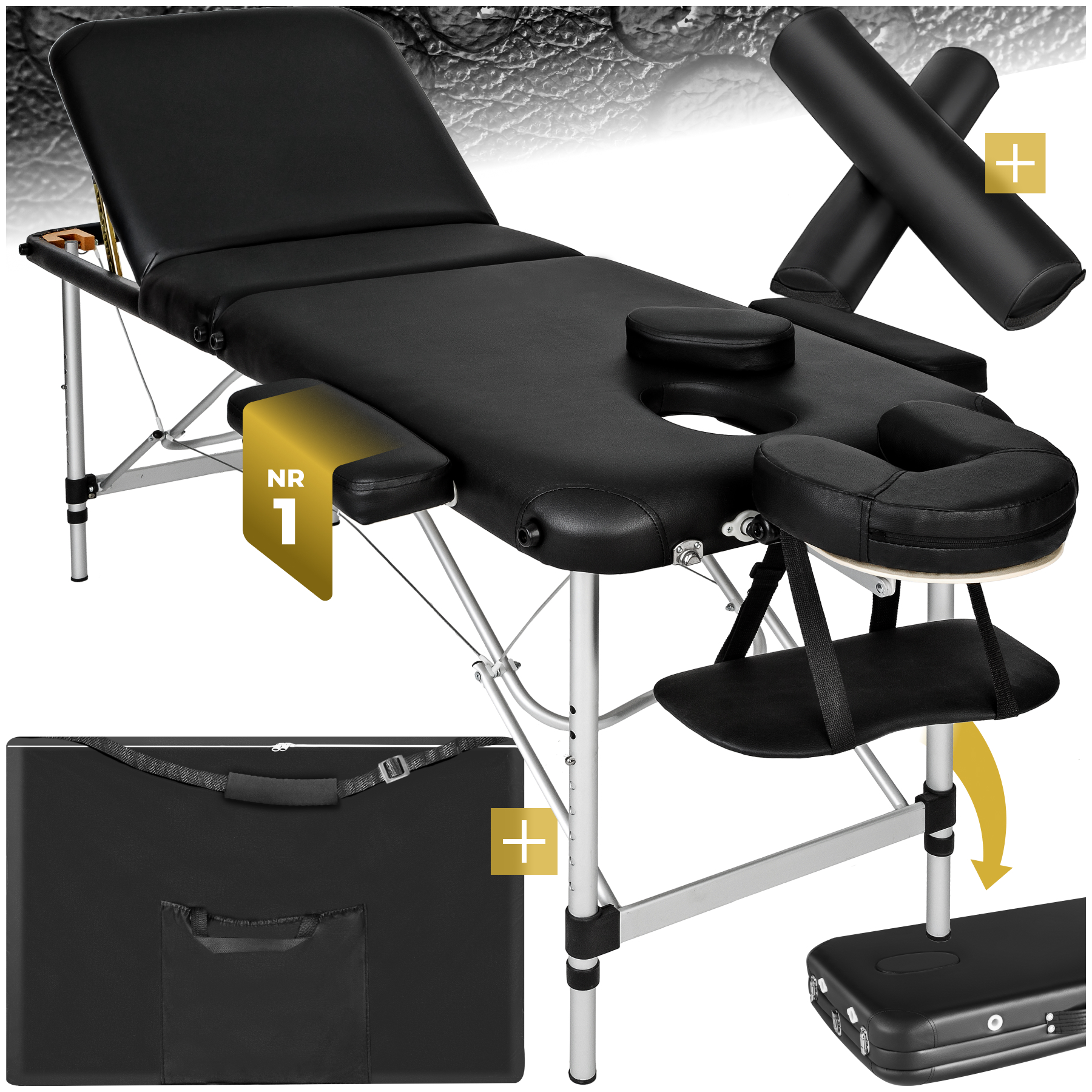 3 Zonen Massageliege-Set mit 5cm Polsterung, Rollen und Aluminiumgestell - schwarz