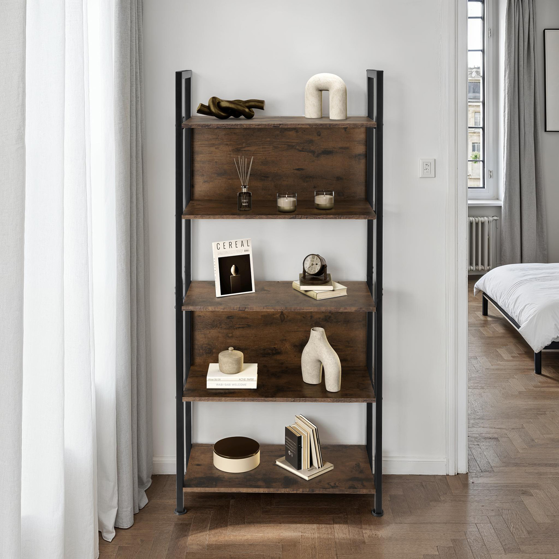 Scaffale scaffalatura alta libreria con 5 ripiani muro legno metallo industrial - Foto 13 di 25