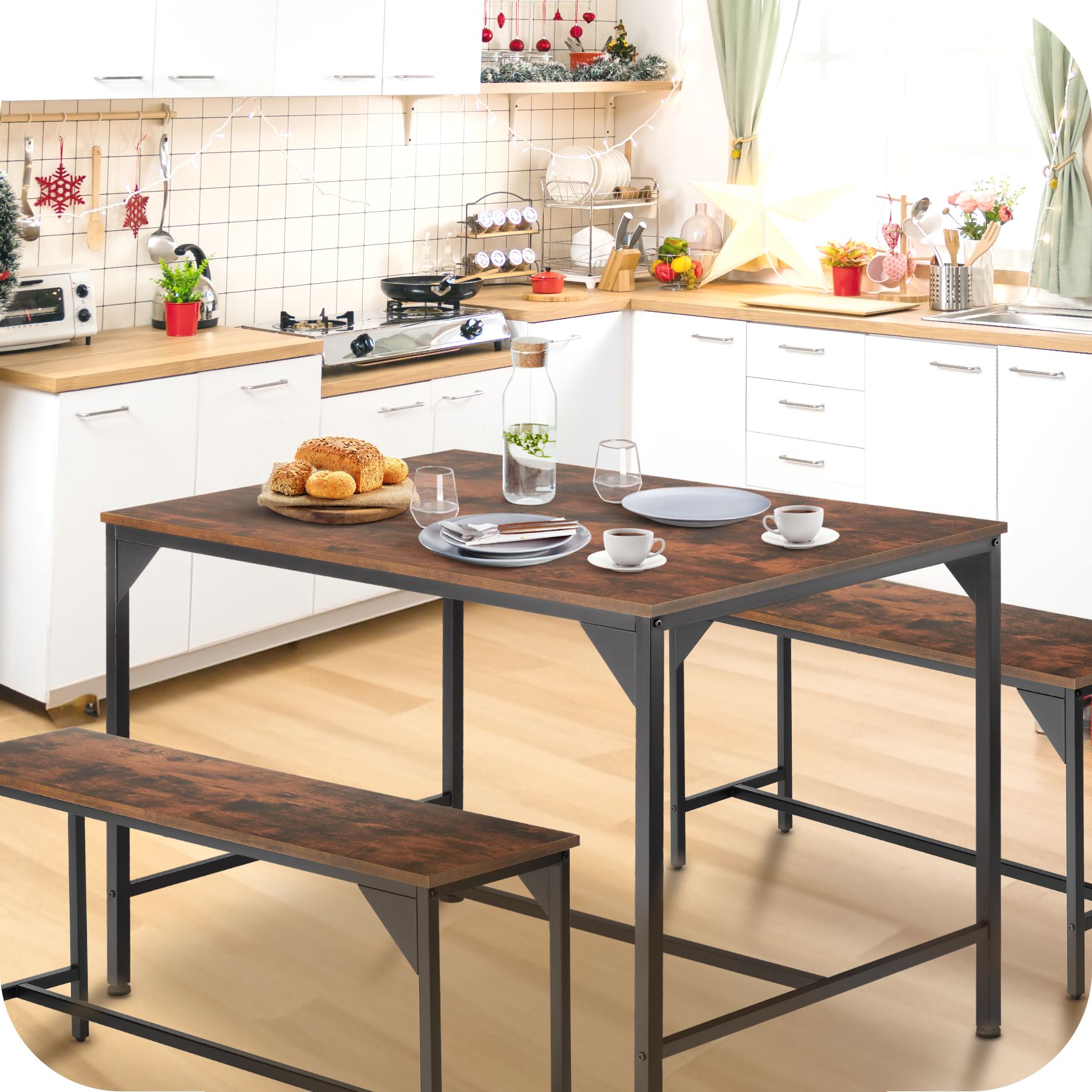 Kitchen table set Bolton inc. 1x table & 2x benches - Picture 6 of 25