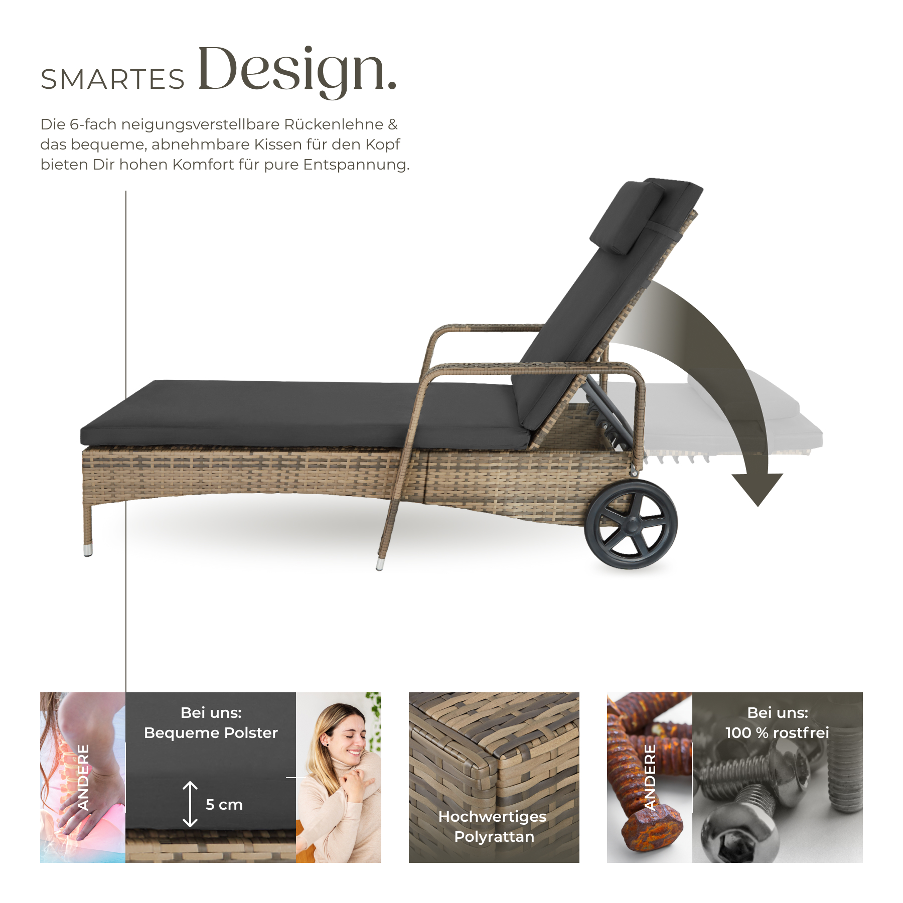 Sonnenliege klappbar Gartenliege Polyrattan Liegestuhl Strandliege robust 200 cm