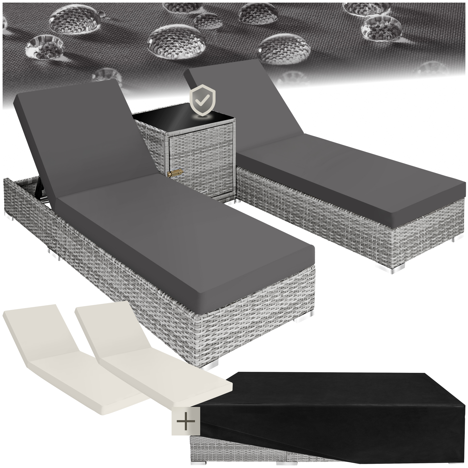 2 rotan ligstoelen met aluminium frame en tafel, inclusief beschermhoes - lichtgrijs | tectake