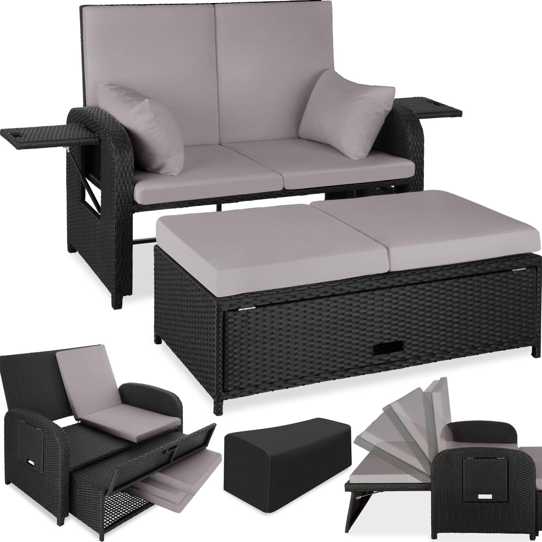 Wicker bank Kreta met aluminium frame, inclusief beschermhoes - zwart / grijs