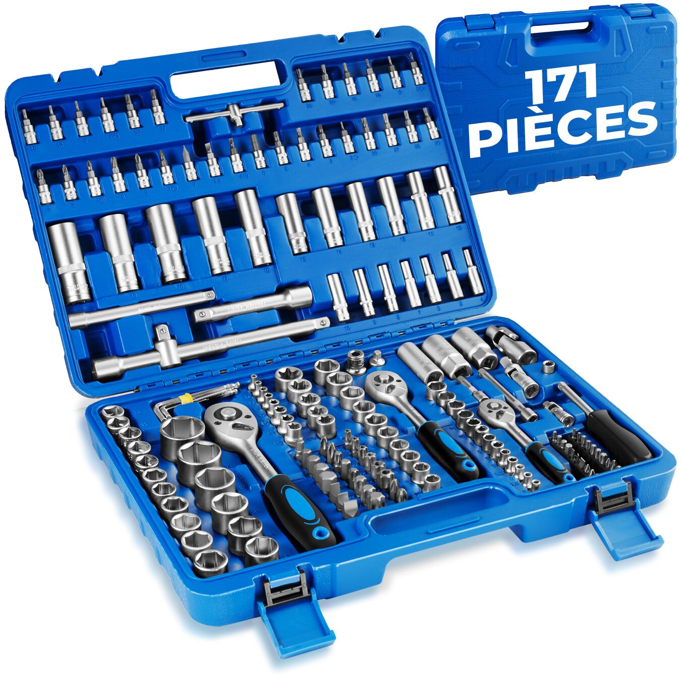 Boîte à Outils avec 171 Pièces (Douilles + Outils à Cliquet) - bleu | tectake