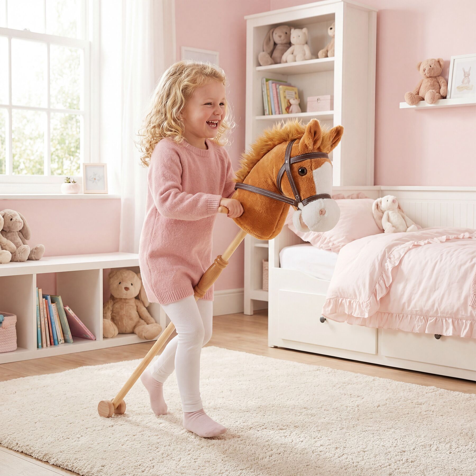 Hobby Horse Steckenpferd Holz Kinder Spielzeug Rollen Plüschkopf Handgriff - Produktbild 8