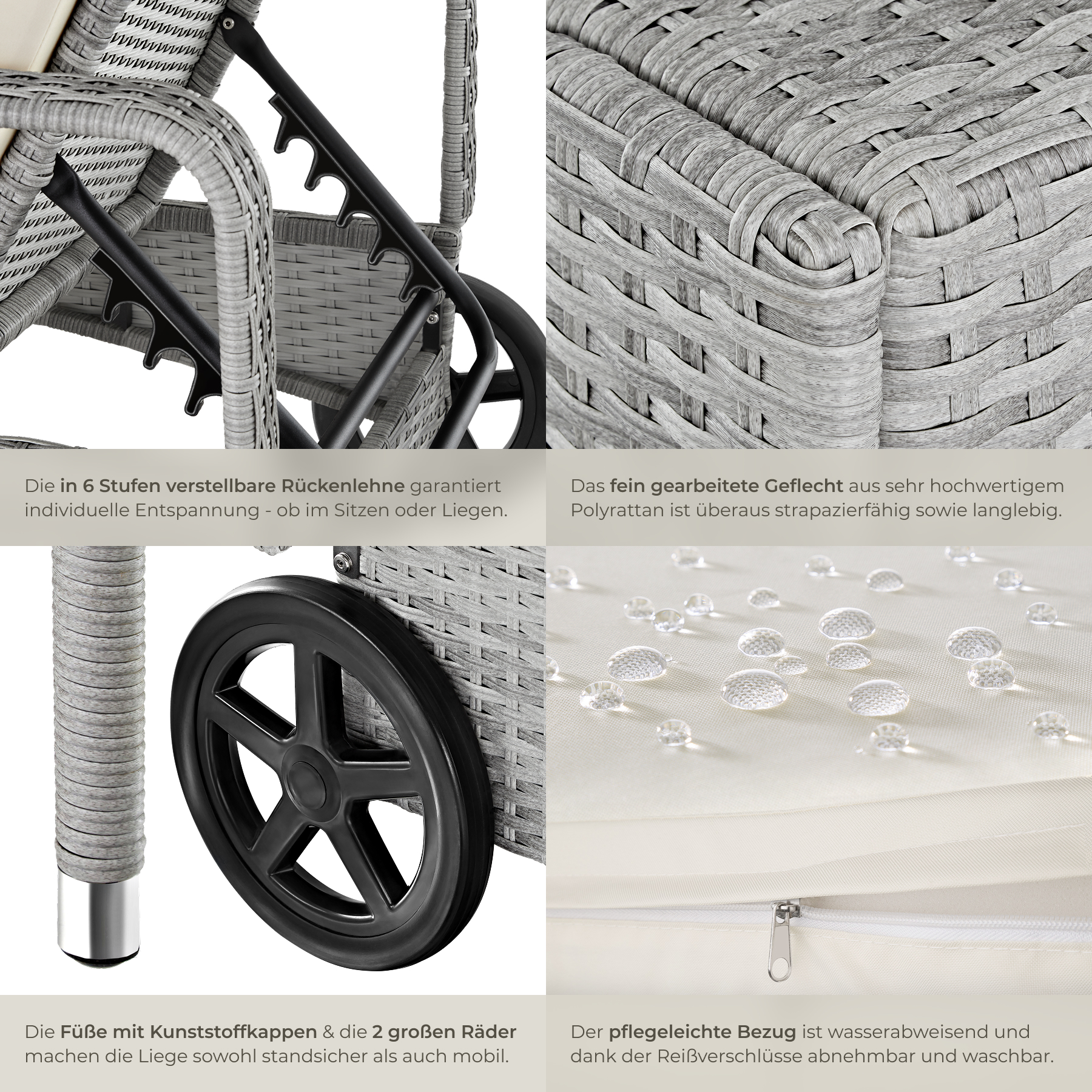 Sonnenliege klappbar Gartenliege Polyrattan Liegestuhl Strandliege robust 200 cm - Bild 138 von 145