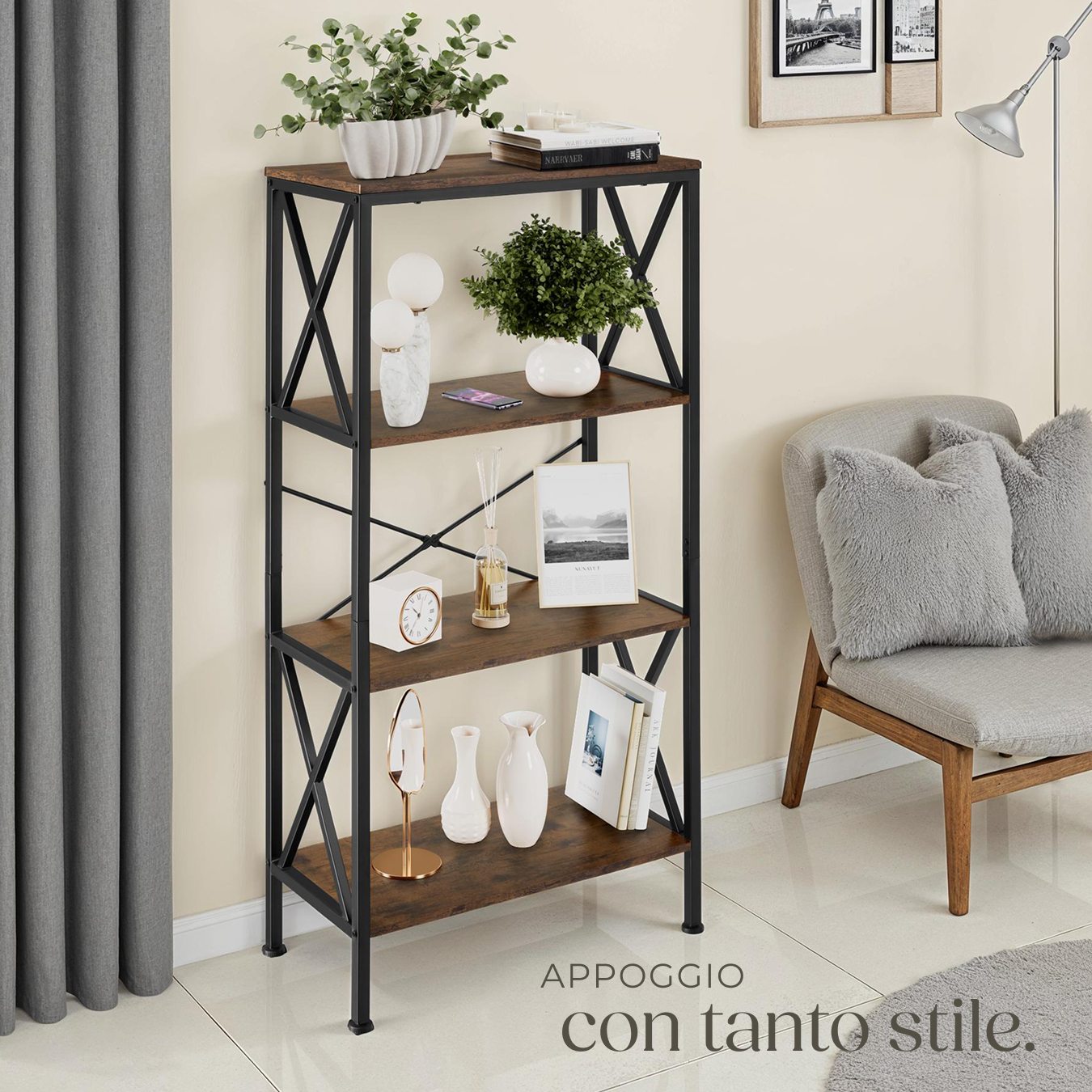 Scaffali alti libreria 4 ripiani scaffali cucina legno metallo stile industrial - Foto 9 di 25