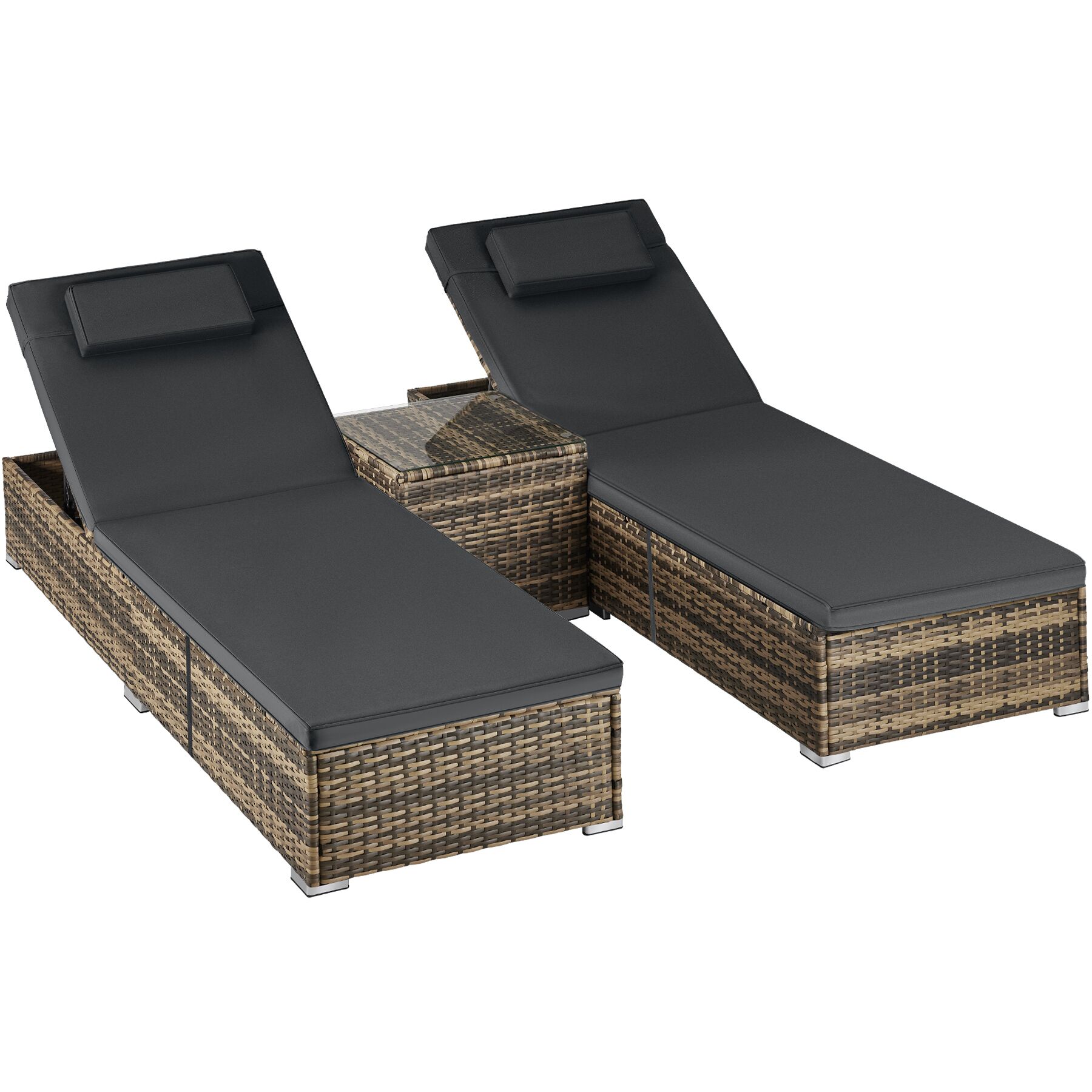 Chaise longue double en rotin avec table Carbonera, dossier réglable - marron naturel | tectake