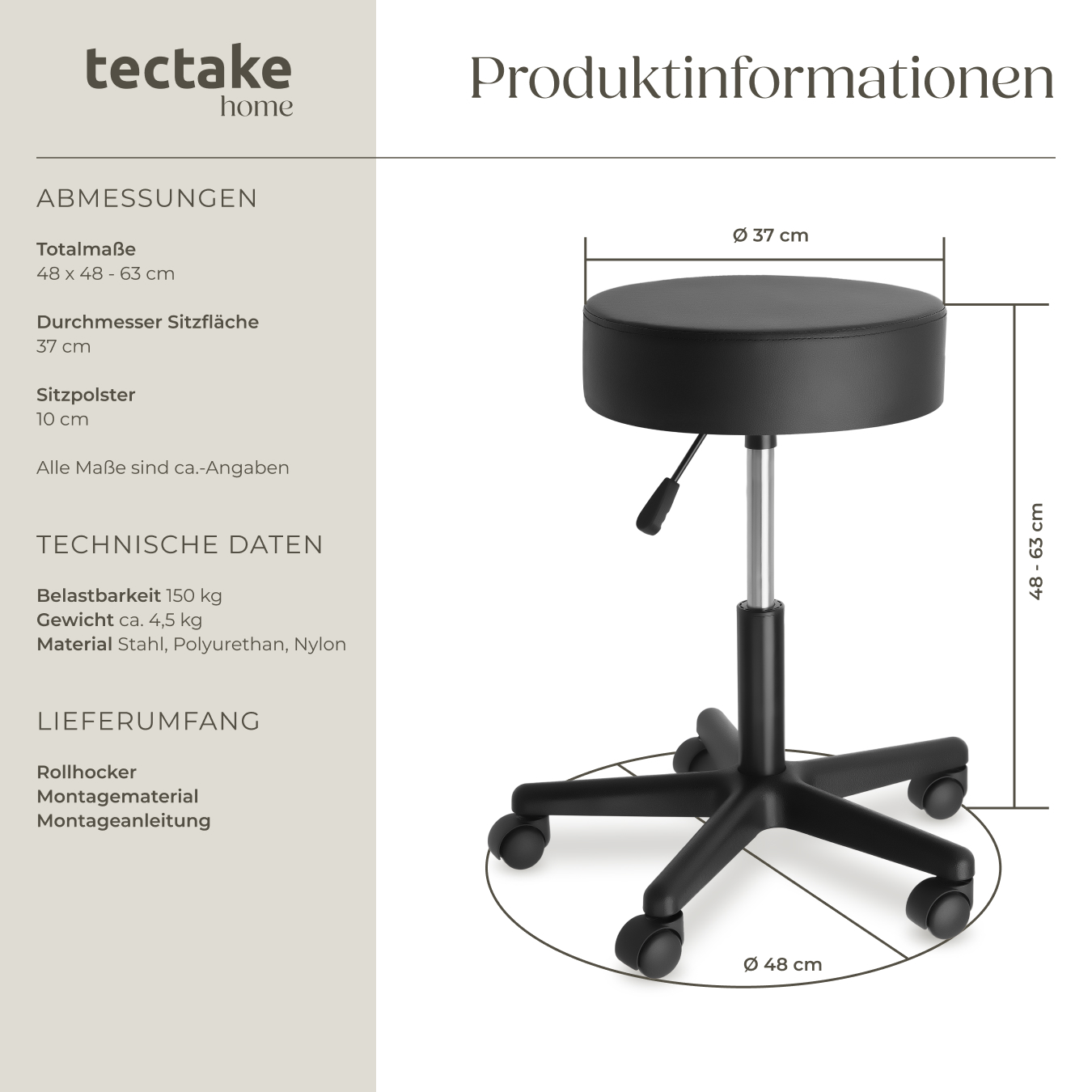 Rollhocker Arbeitshocker höhenverstellbar 150 kg Praxishocker Sitzhocker drehbar