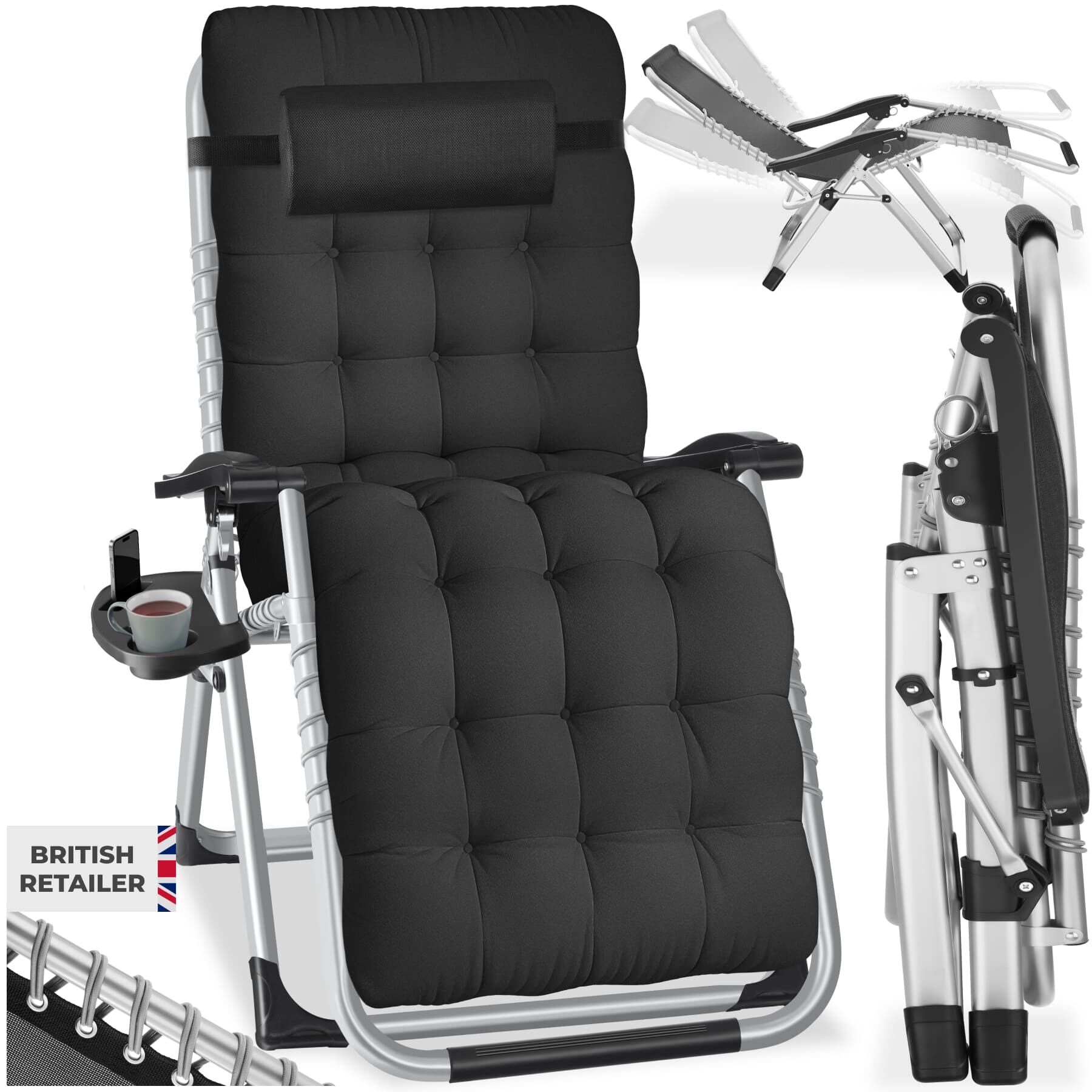 Sun Lounger Cloud - folding, adjustable backrest and footrest - black, per piece | tectake