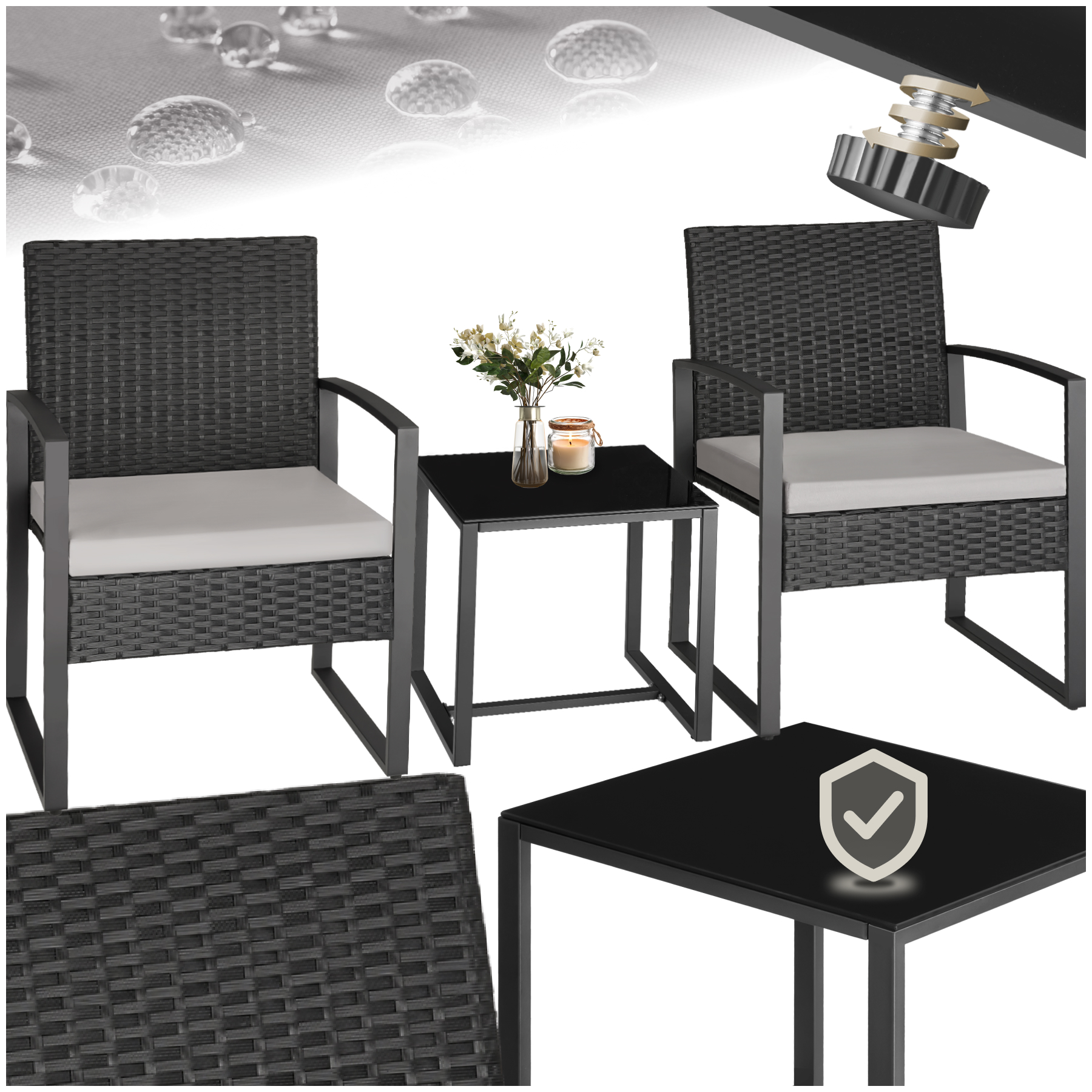 Ensemble de salon de jardin en rotin Granada avec table pour 2 personnes Noir - gris clair/noir | tectake