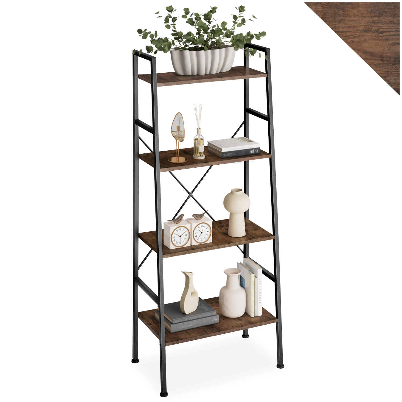 Ladder Shelf Liverpool - industrial style, with 4 shelves - Industrial wood dark, rustic