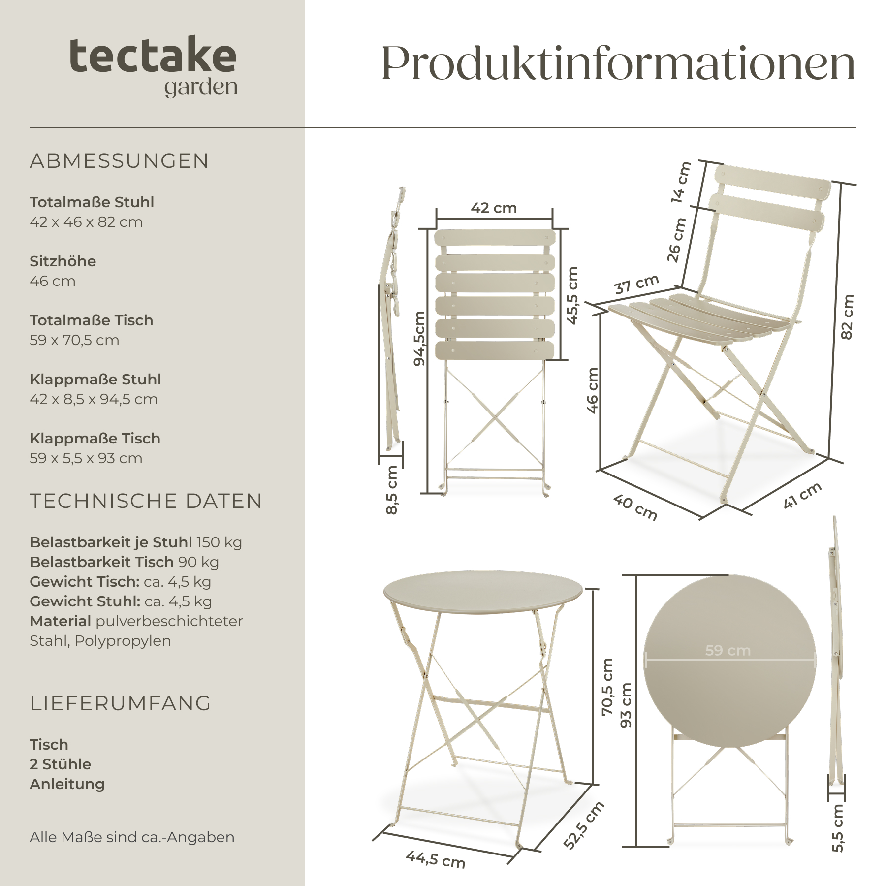 Bistrotisch Set 3-teilig Klapptisch Rund Stühlen Klappbar Gartenmöbel Outdoor