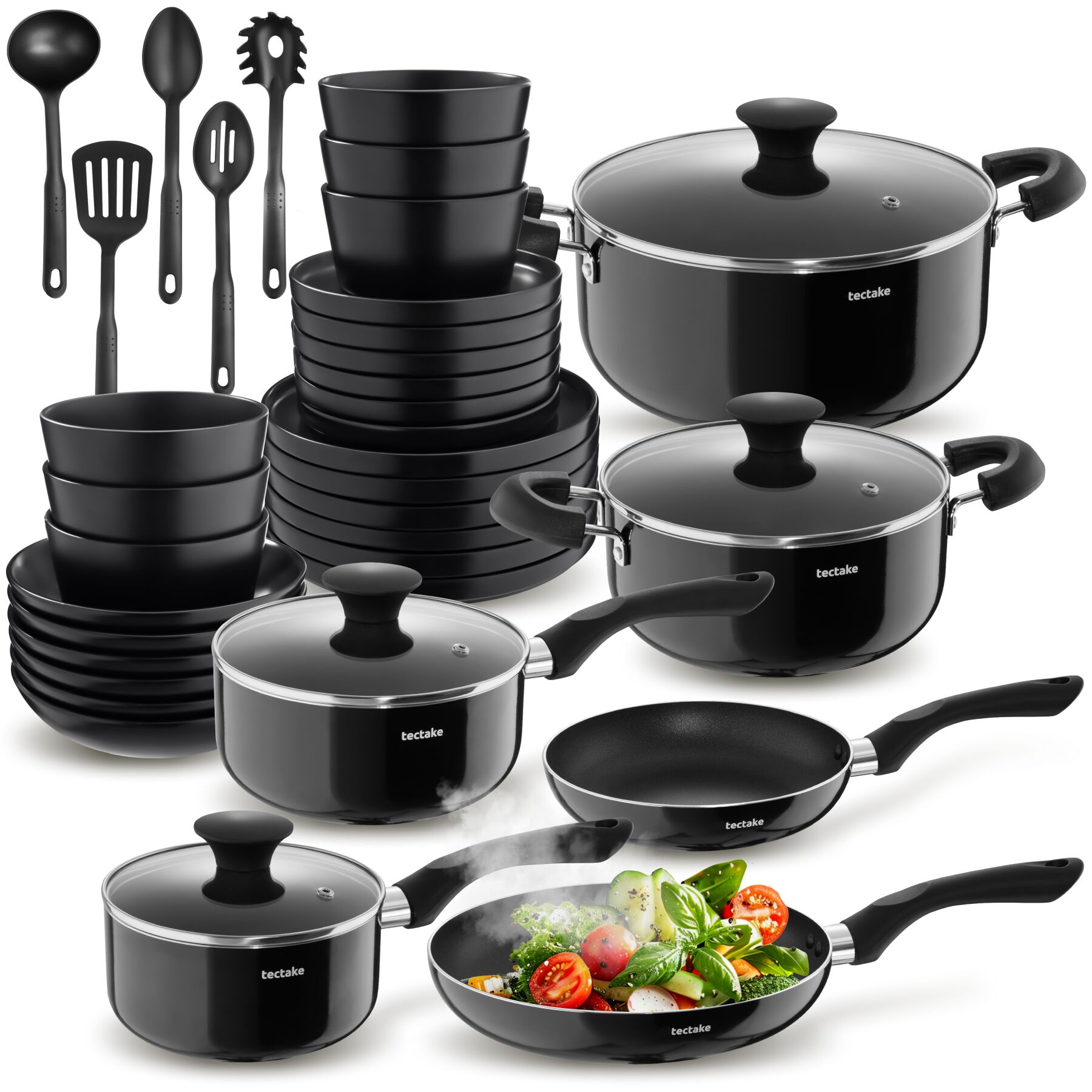 Tectake Gmbh Noir Set De Cuisine Pour 6 Personnes Avec Vaisselle Et Casseroles - 39 Pièces