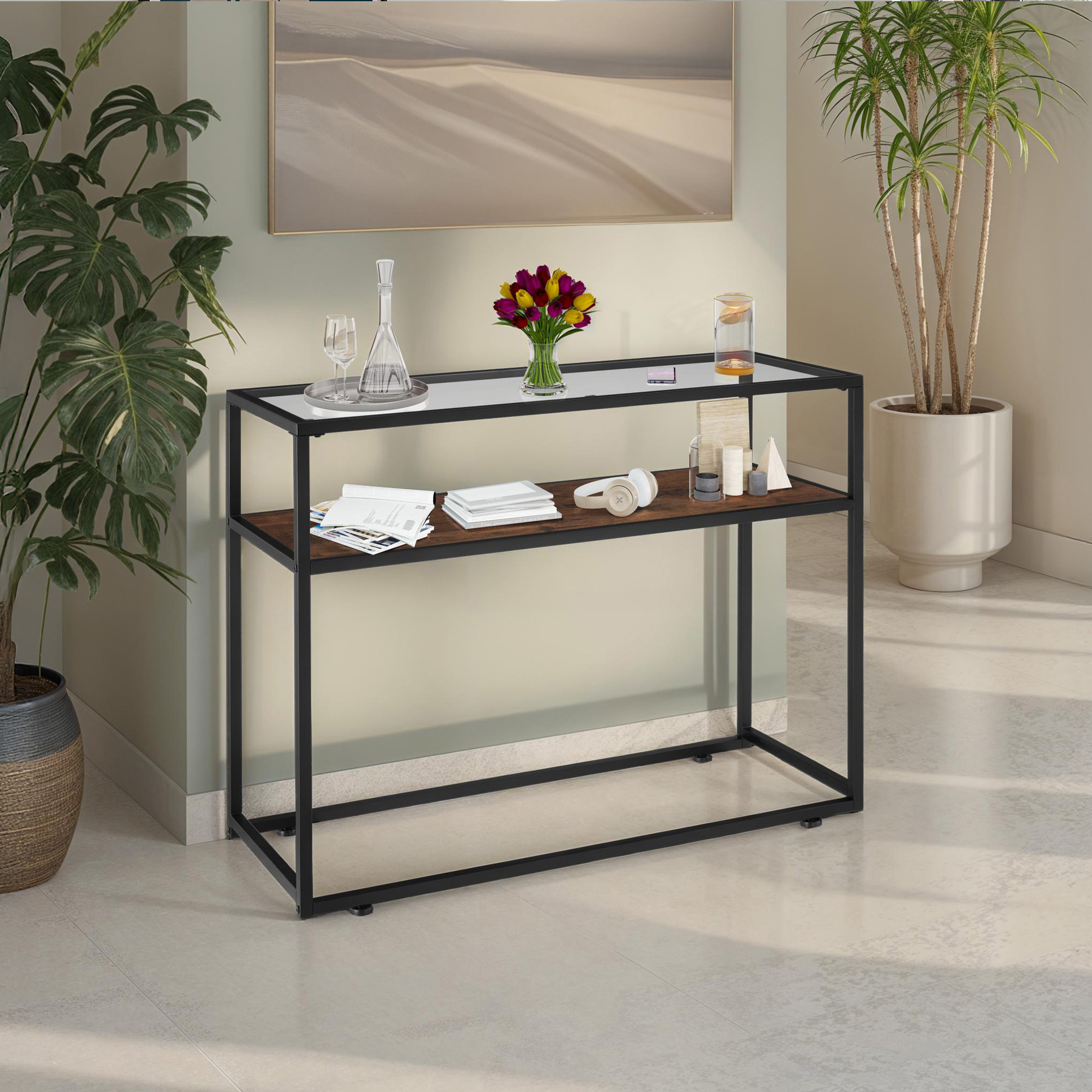 Tavolo console vetro corridoio tavolino appoggio 2 ripiani legno metallo - Foto 10 di 25