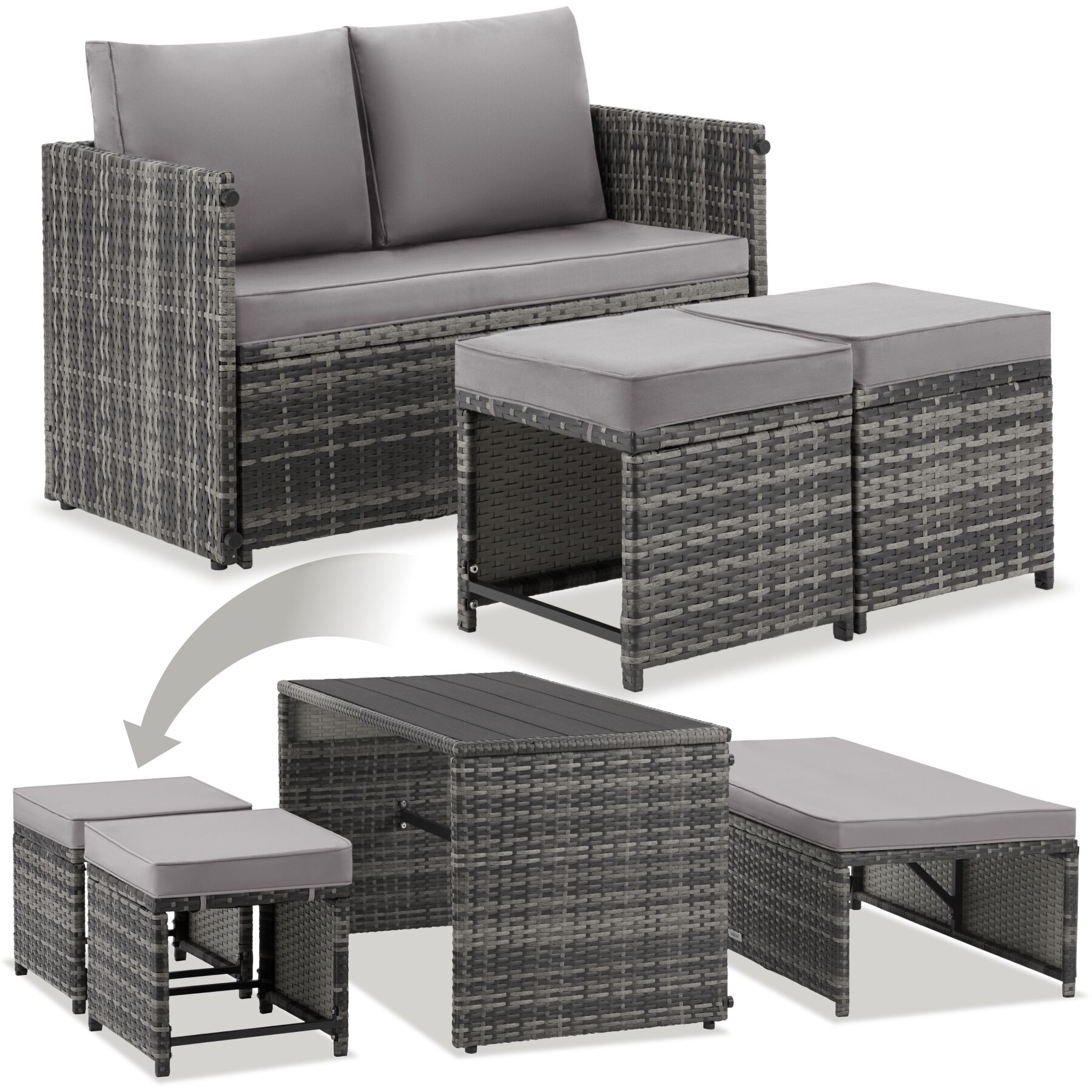 2-in-1 wicker loungeset Monopoli, bank en zitgroep - grijs | tectake