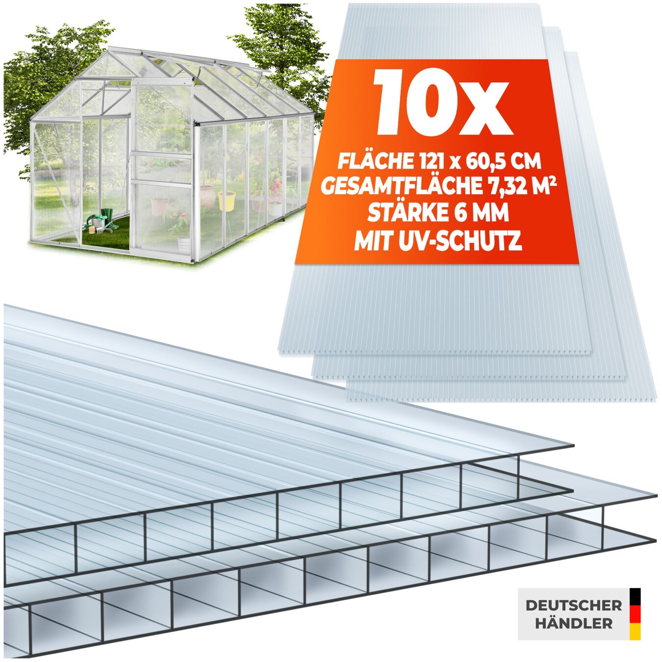 Doppelstegplatten aus Polycarbonat, zuschneidbar - 121 x 60,5 x 0,6 cm, 10-tlg.