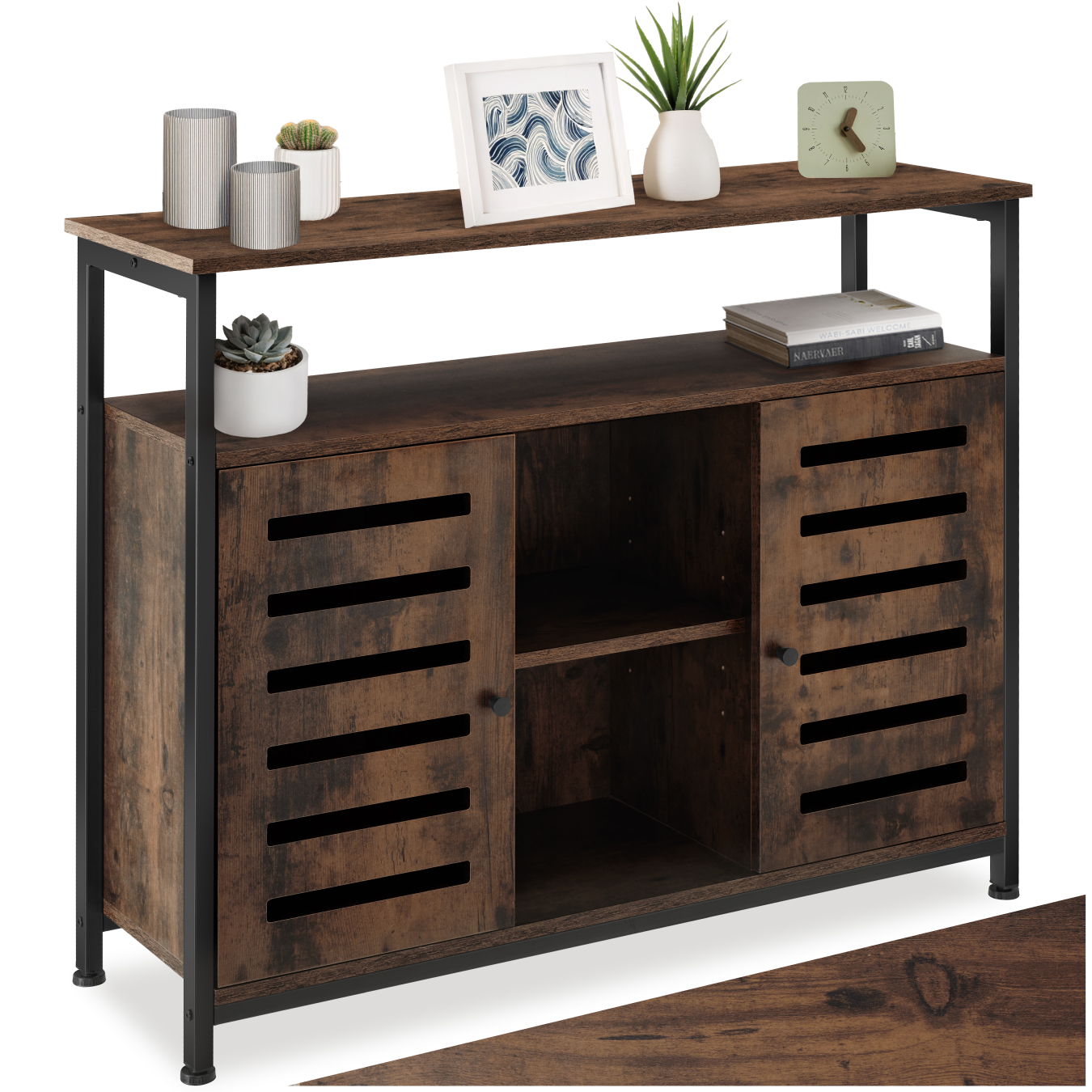 Sideboard Warrington - 2 large shelves, 3 storage compartments, 100 x 37 x 82 cm - Industrial wood dark, rustic