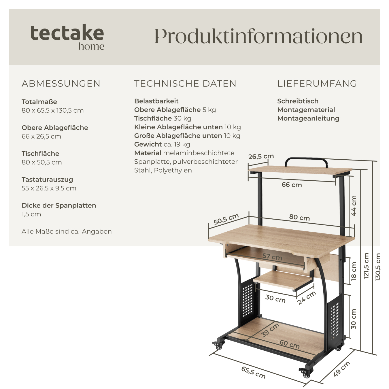 Schreibtisch Computertisch Bürotisch PC Tisch mit Rollen Holz Metall Industrie