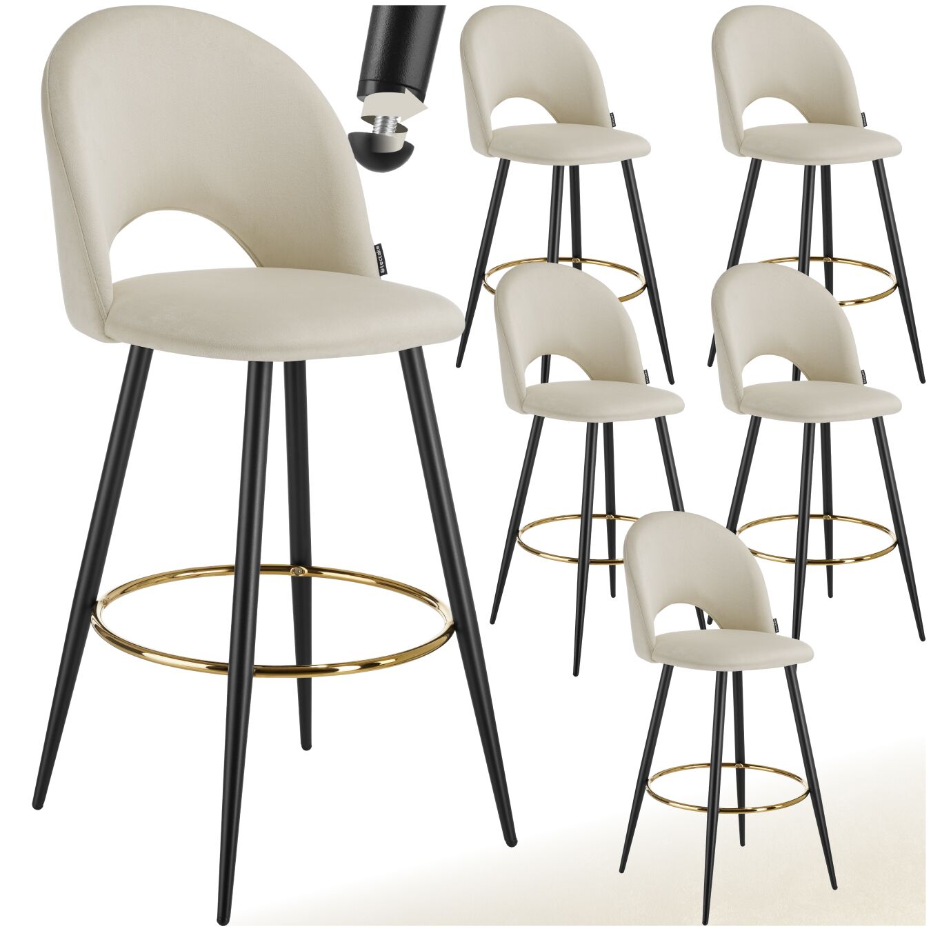 Barkruk Sachel met rugleuning, fluweellook - crème/zwart, Set van 6 | tectake