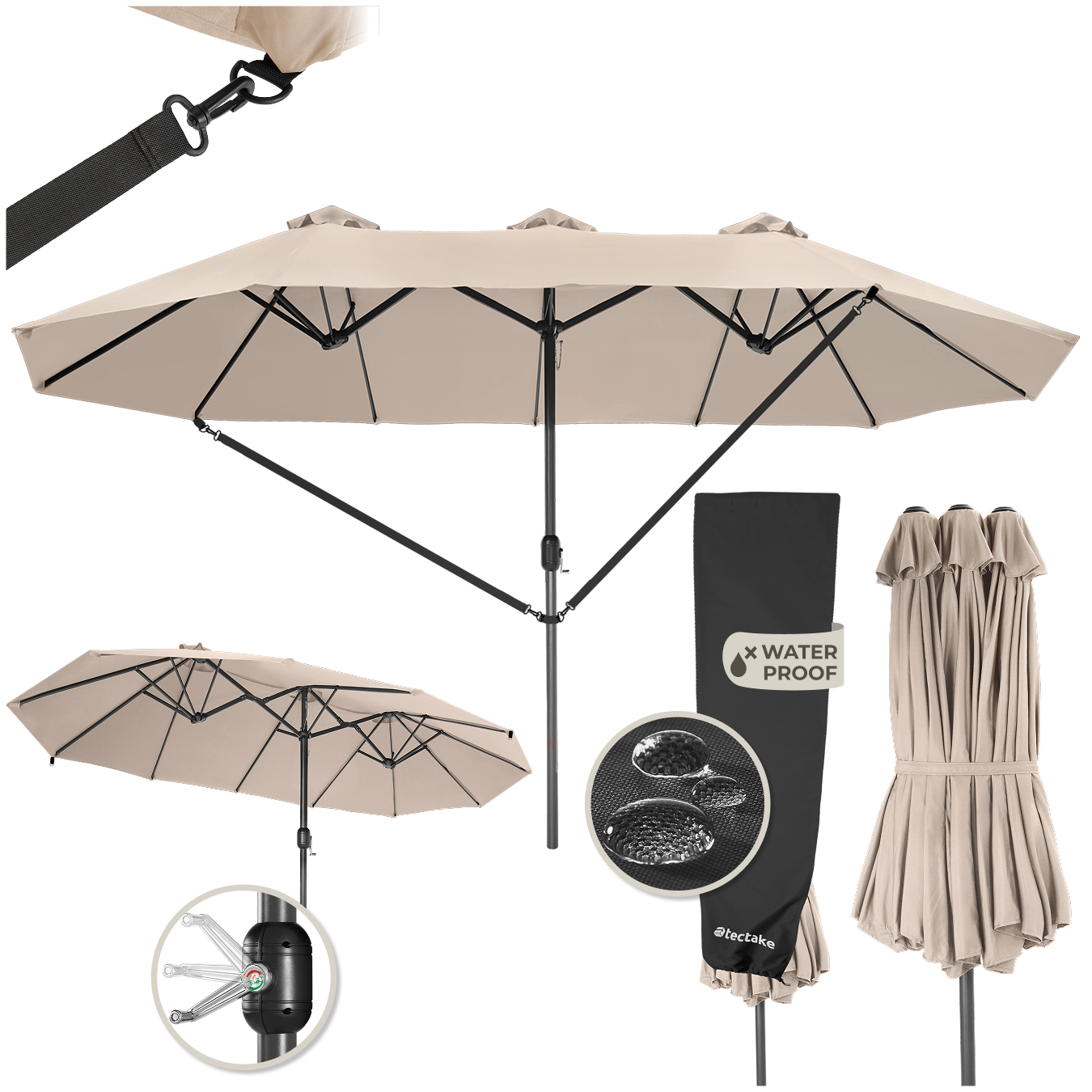 Dubbele Parasol Silia 460x270 cm met 3 windvakken - beige | tectake