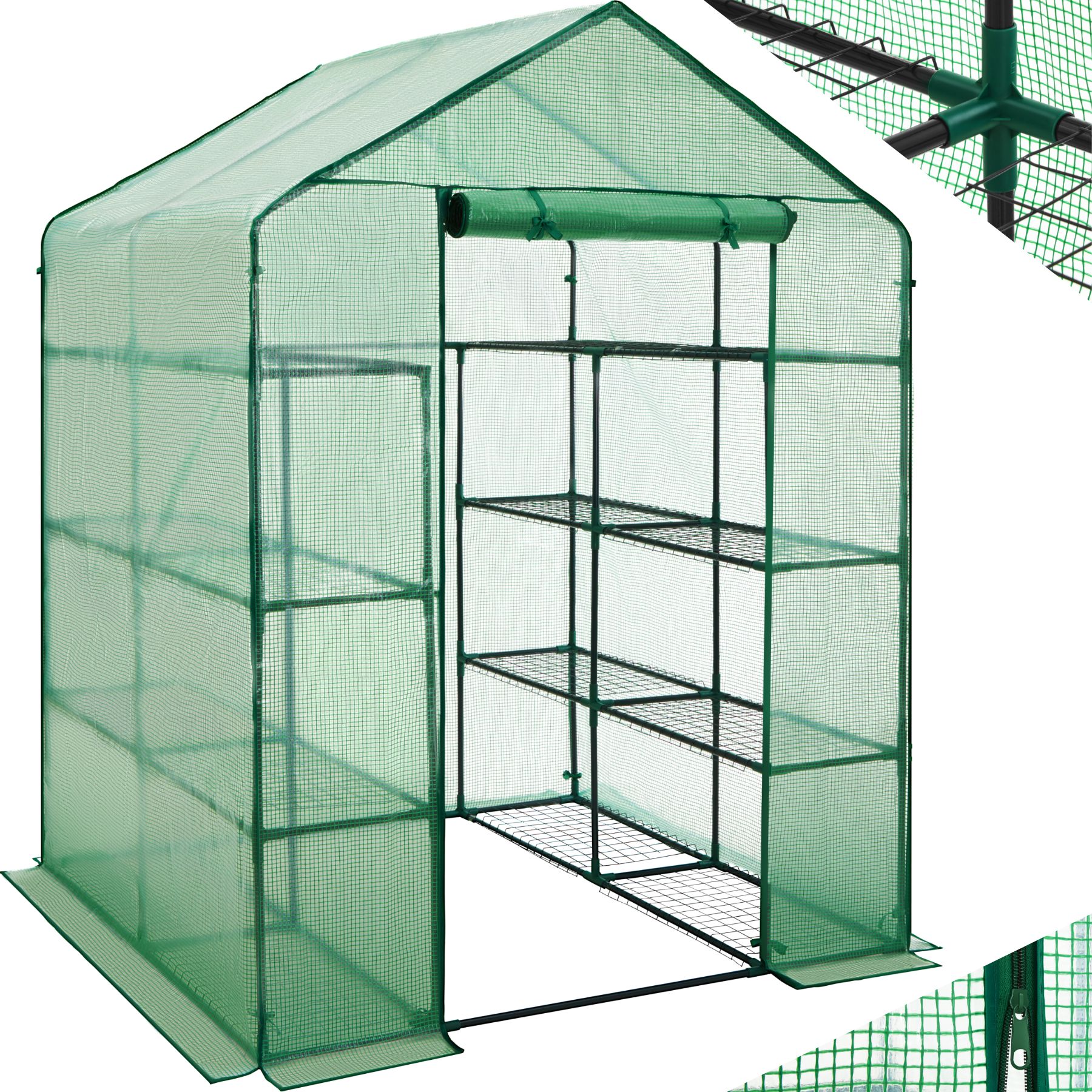 Greenhouse - 16 shelf levels, tarpaulin cover, 143 x 143 x 195 cm - green