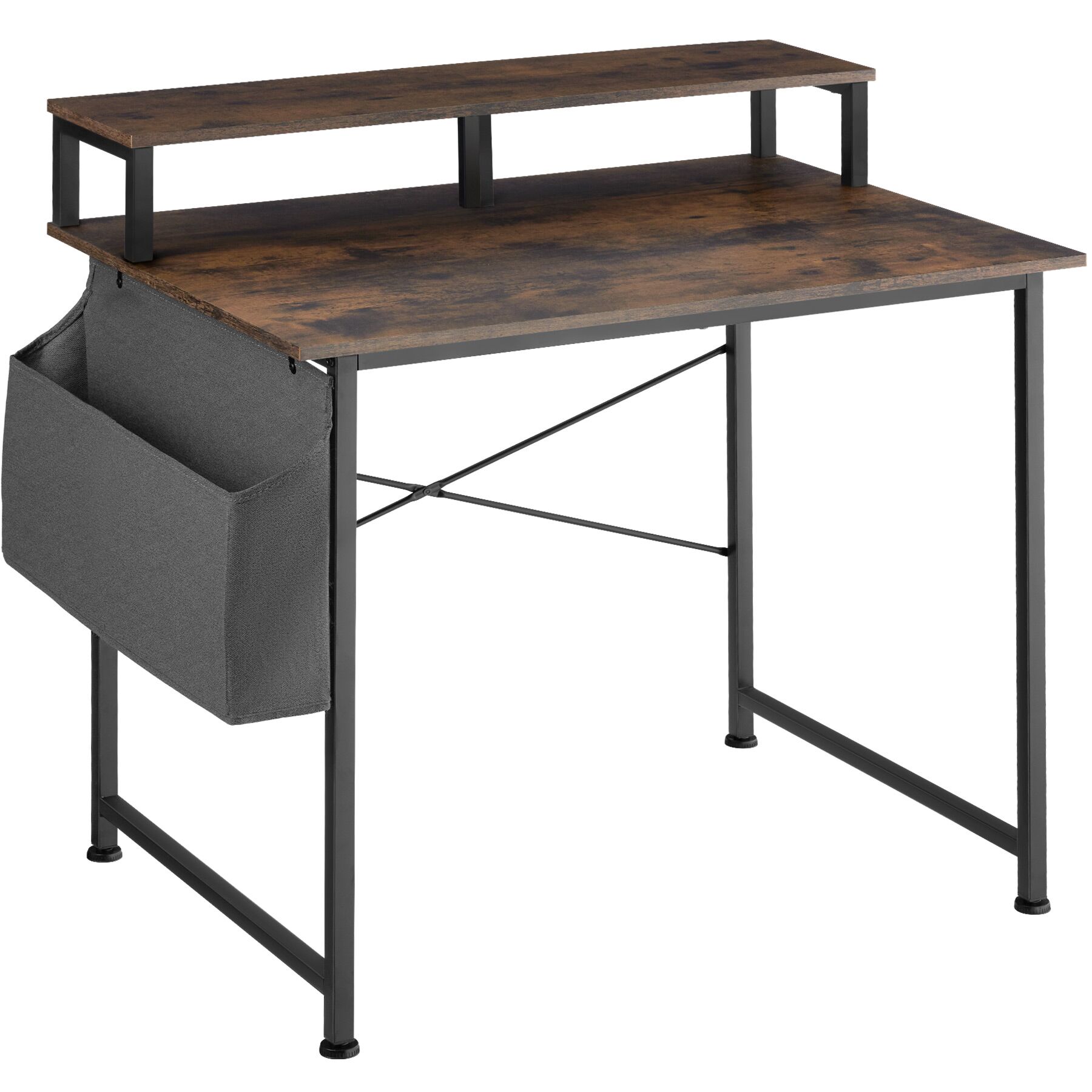Table de bureau avec étagère de rangement et poche en tissu - Bois foncé industriel, rustique, 120 cm