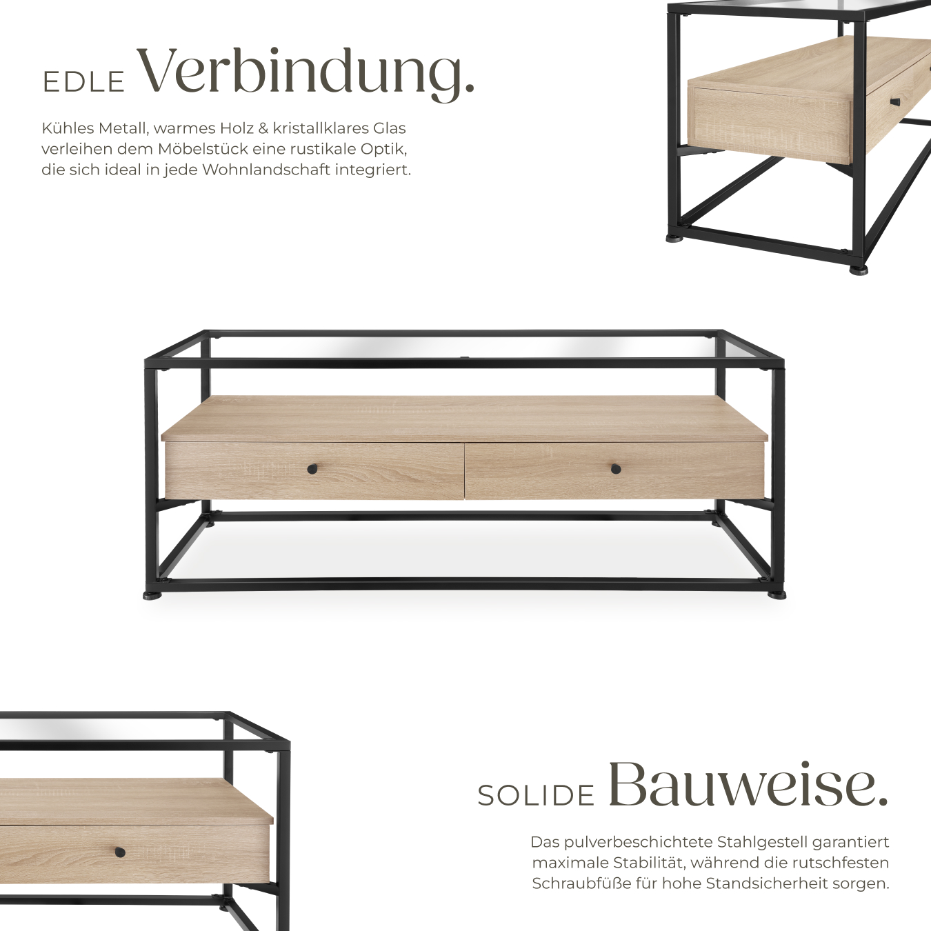 Lowboard Sideboard TV-Regal Fernsehtisch 2 Schubladen Glas Holz Metall Industrie