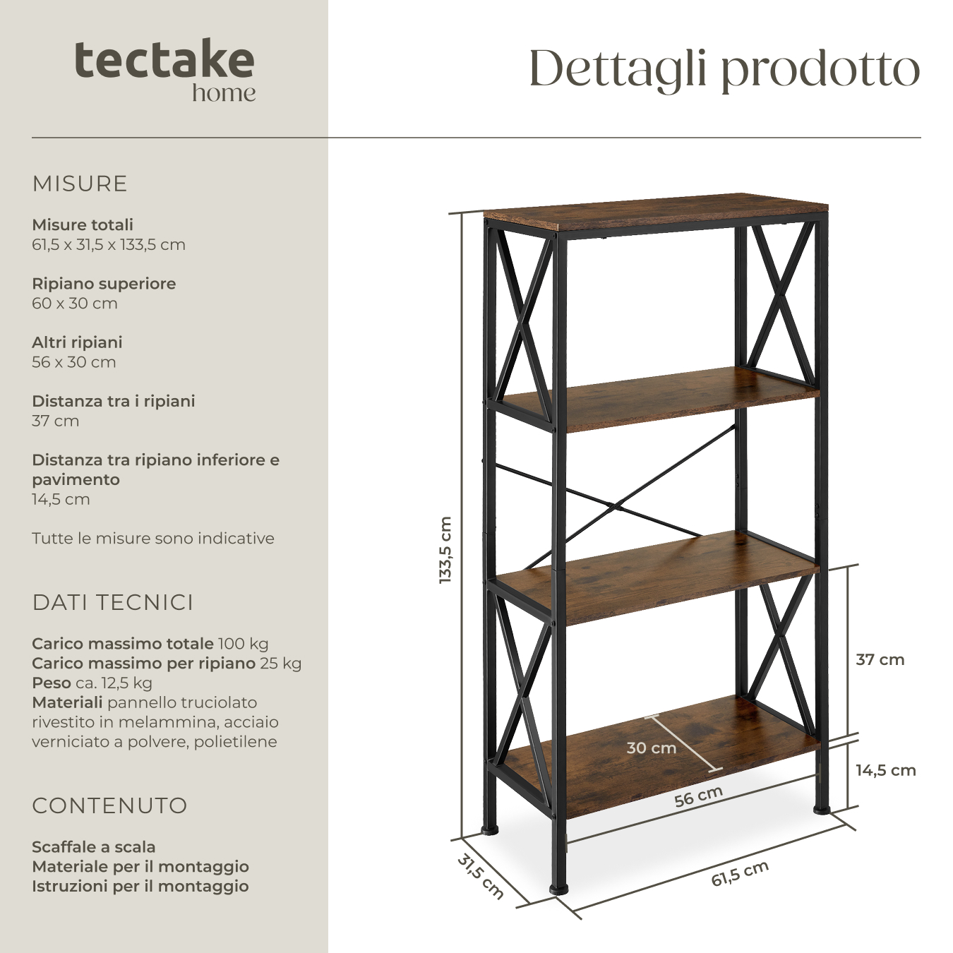 Scaffali alti libreria 4 ripiani scaffali cucina legno metallo stile industrial - Foto 7 di 25