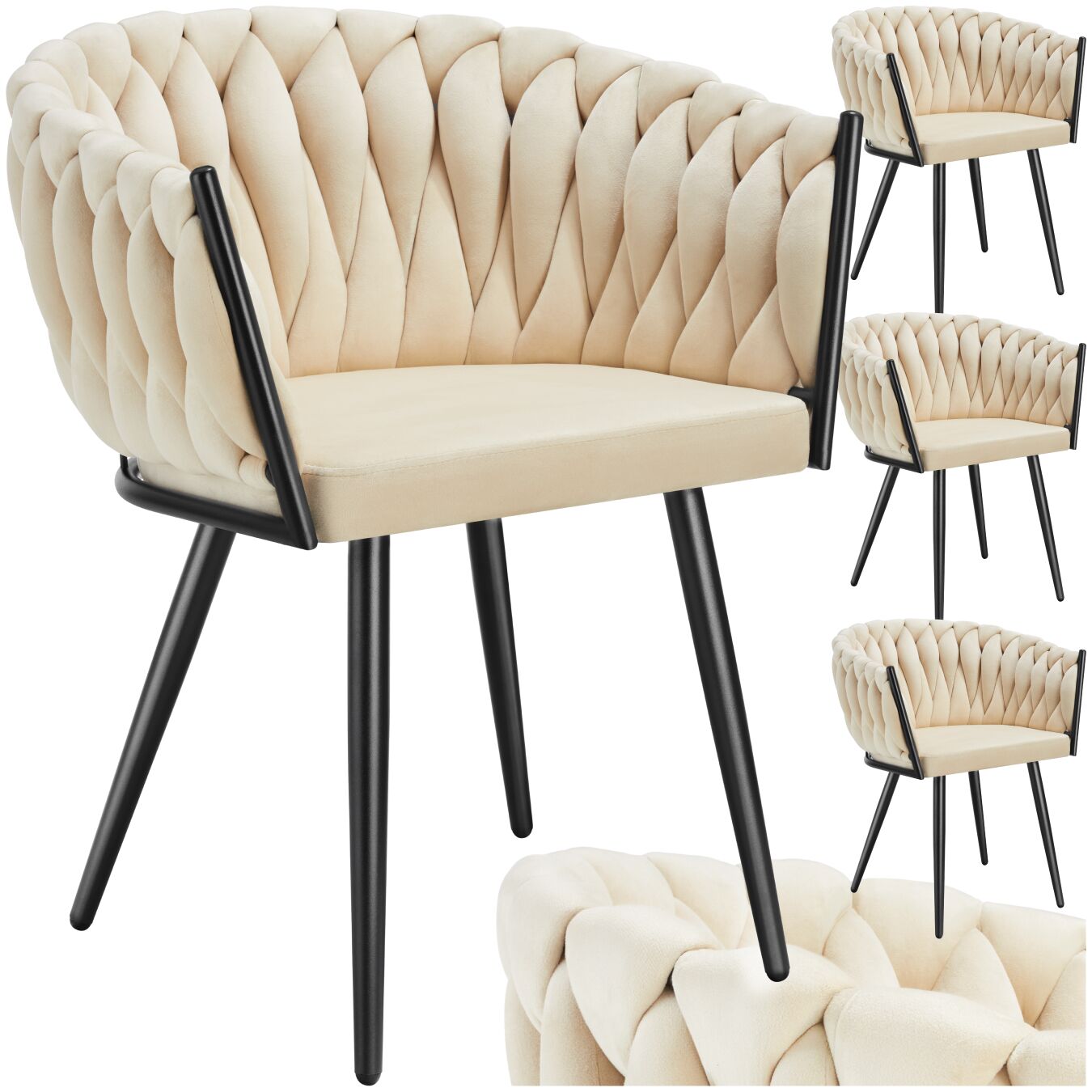 Dining Chair Astano - padded, velvet, knot design, continuous backrest - sand, Set of 4 | tectake