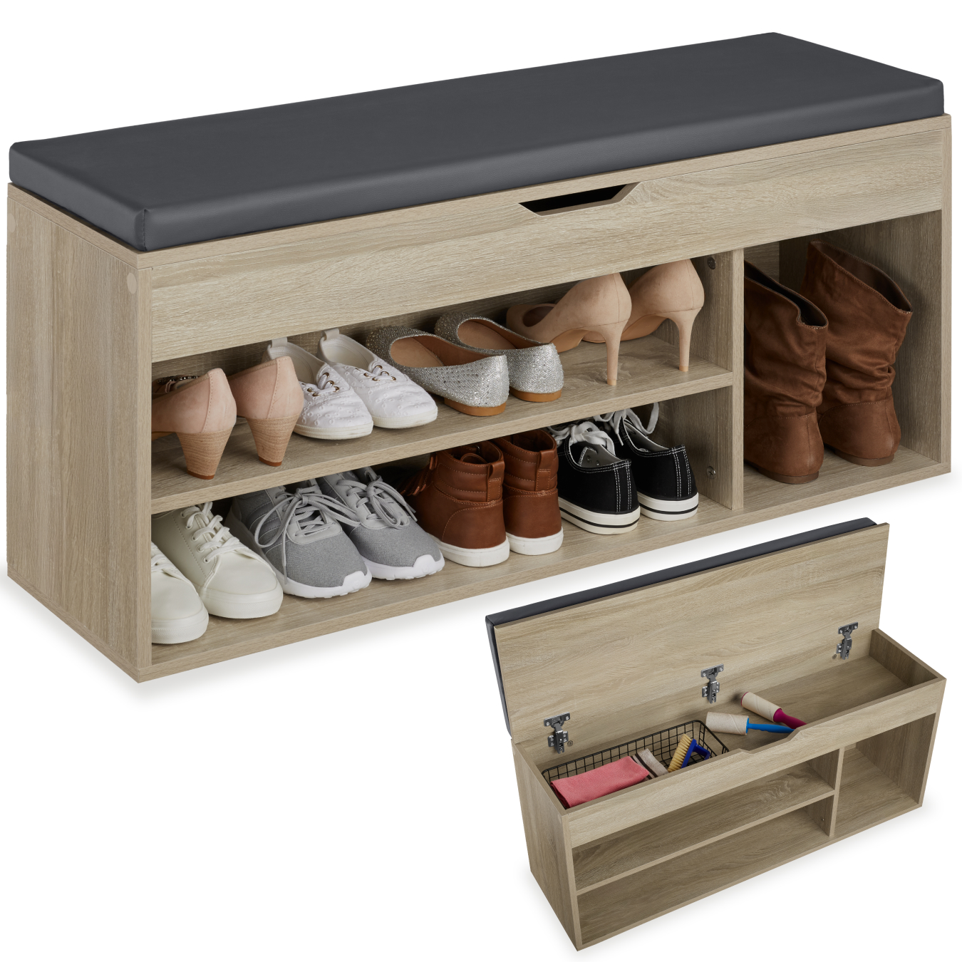 Schoenenkast Natalya met zitkussen 104x30x49cm - Licht hout, eiken Sonoma